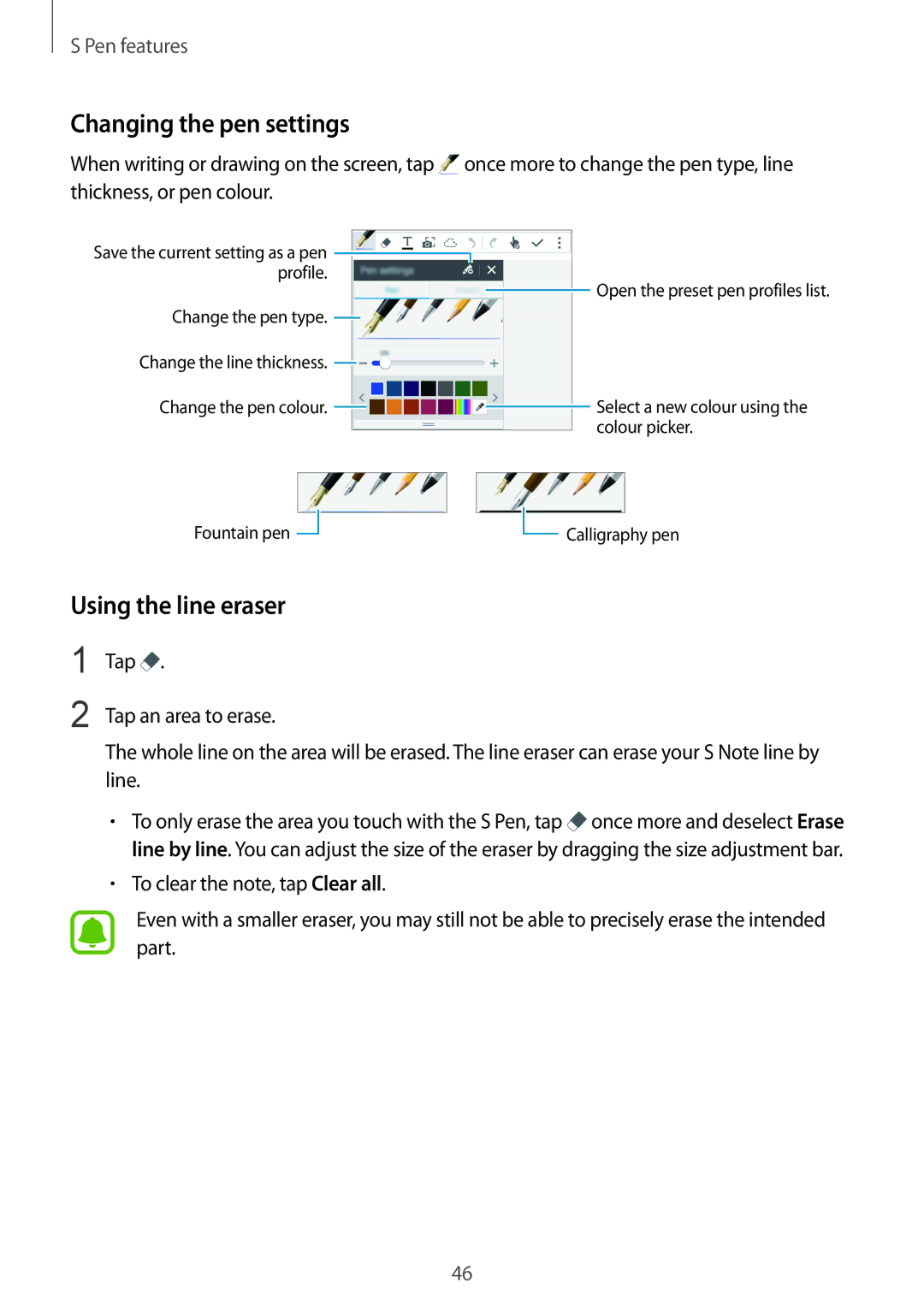 Samsung SM-N910CZKEPRT, SM-N910CZDESEE manual Changing the pen settings, Using the line eraser, Thickness, or pen colour 