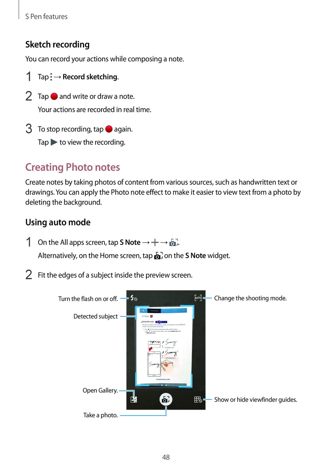 Samsung SM2N910CZWEXEH, SM-N910CZDESEE manual Creating Photo notes, Sketch recording, Using auto mode, Tap →Record sketching 