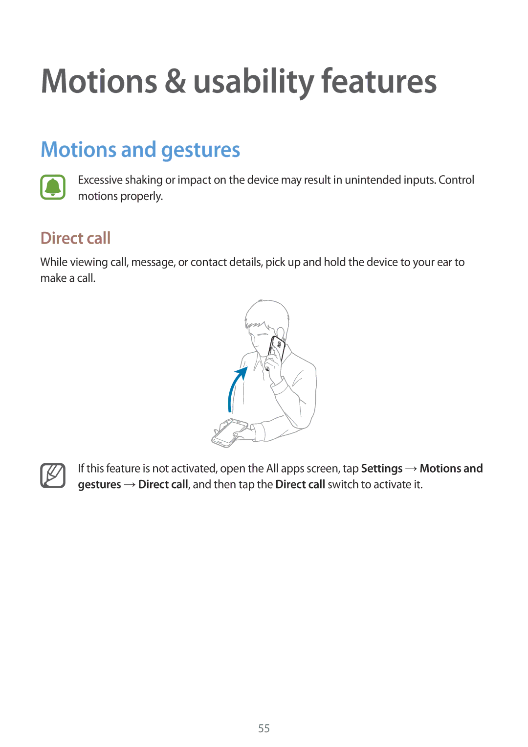 Samsung SM-N910CZWESEB, SM-N910CZDESEE, SM-N910CZKETEB manual Motions & usability features, Motions and gestures, Direct call 