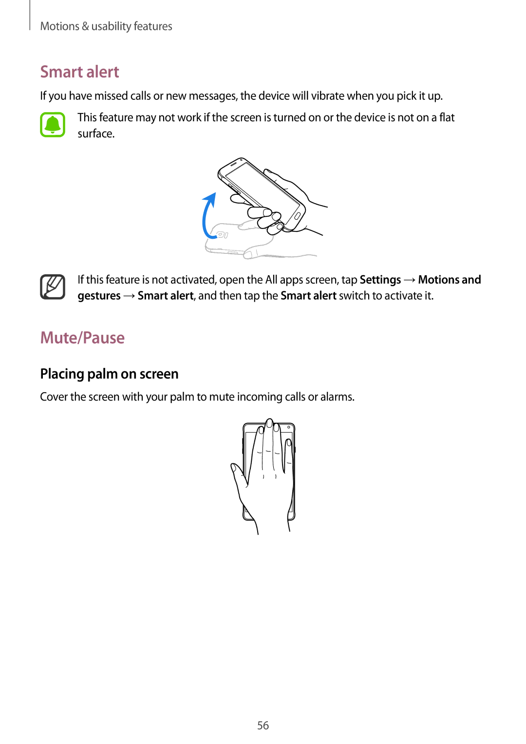 Samsung SM-N910CZKESER, SM-N910CZDESEE, SM-N910CZKETEB, SM-N910CZWEMSR manual Smart alert, Mute/Pause, Placing palm on screen 