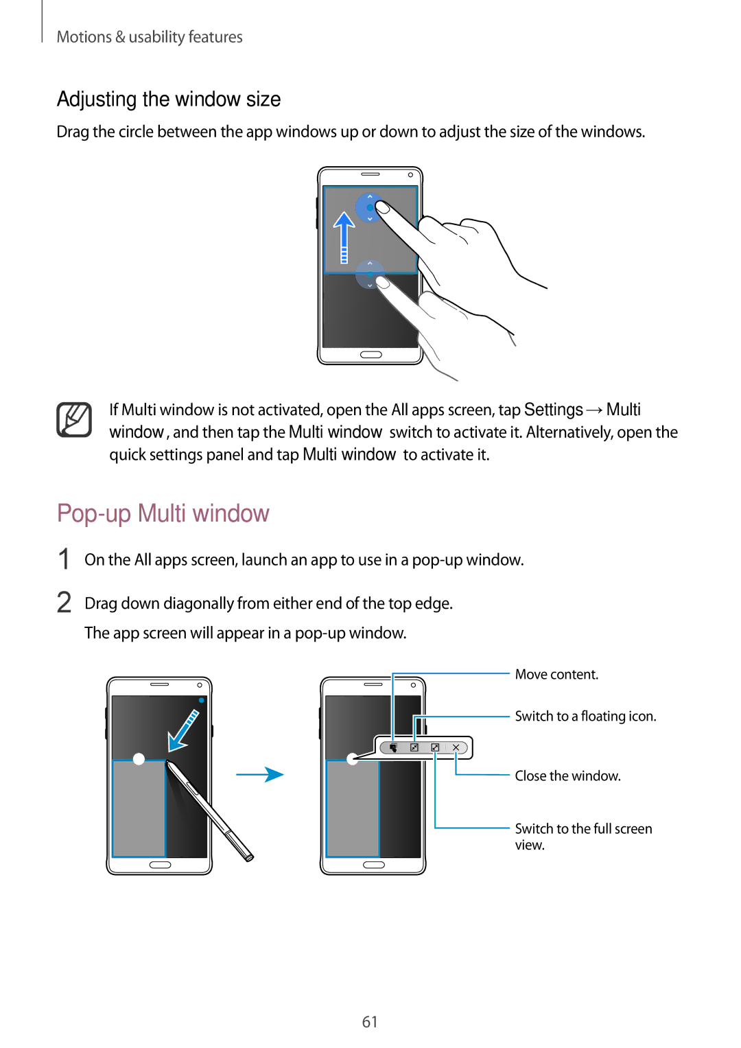 Samsung SM-N910CZKETEB, SM-N910CZDESEE, SM-N910CZWEMSR, SM-N910CZWESEE manual Pop-up Multi window, Adjusting the window size 