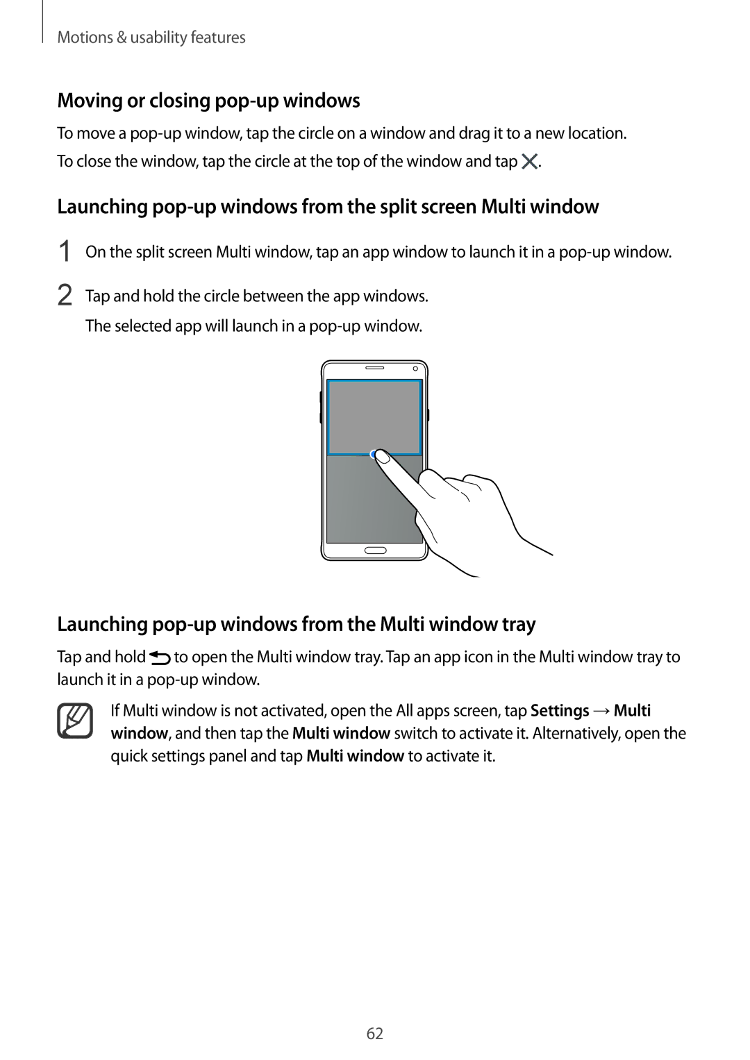 Samsung SM-N910CZWEMSR manual Moving or closing pop-up windows, Launching pop-up windows from the split screen Multi window 