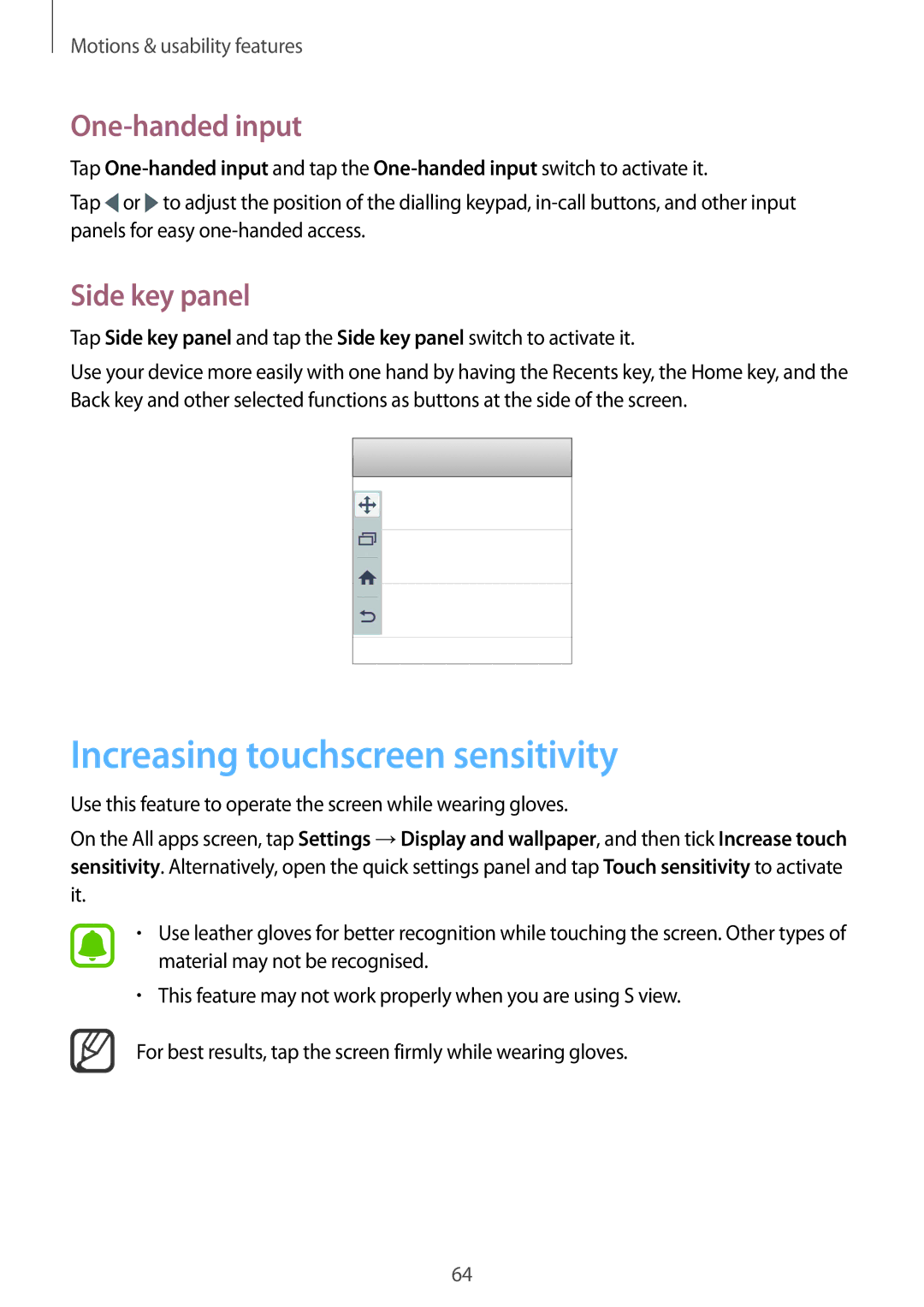 Samsung SM-N910CZKEMSR, SM-N910CZDESEE, SM-N910CZKETEB Increasing touchscreen sensitivity, One-handed input, Side key panel 