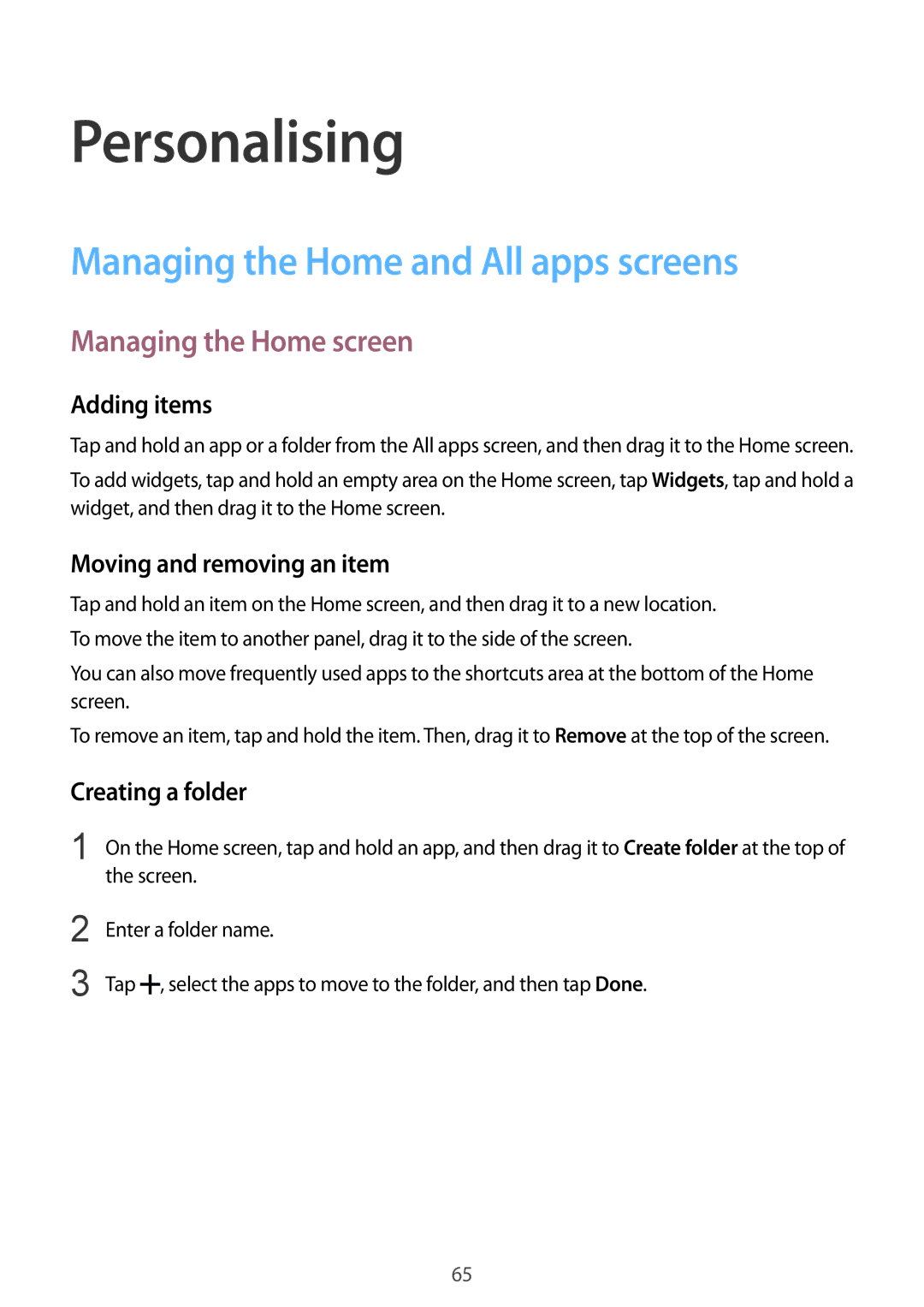 Samsung SM-N910CZKESEE, SM-N910CZDESEE Personalising, Managing the Home and All apps screens, Managing the Home screen 