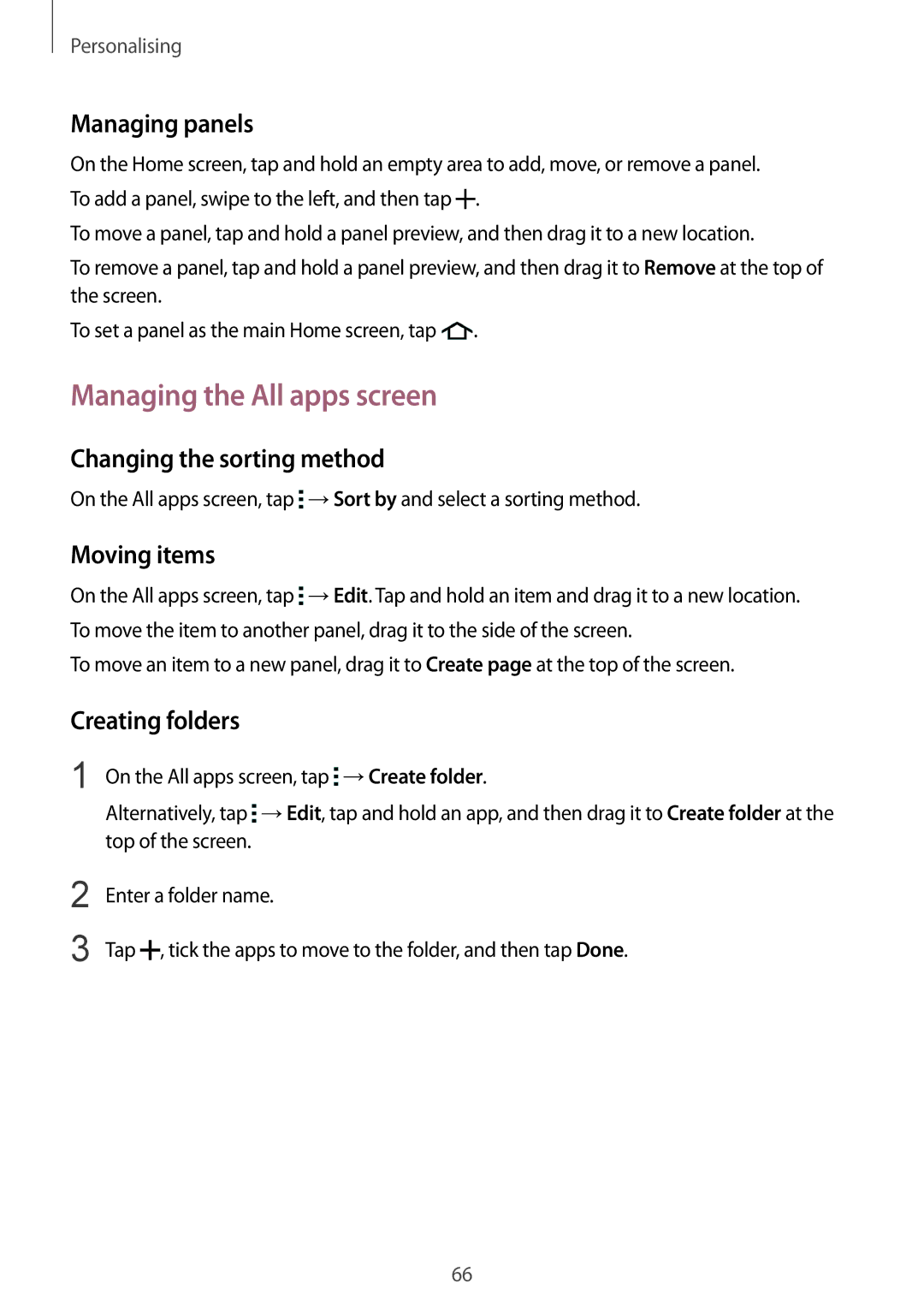 Samsung SM-N910CZWEBGL manual Managing the All apps screen, Managing panels, Changing the sorting method, Moving items 