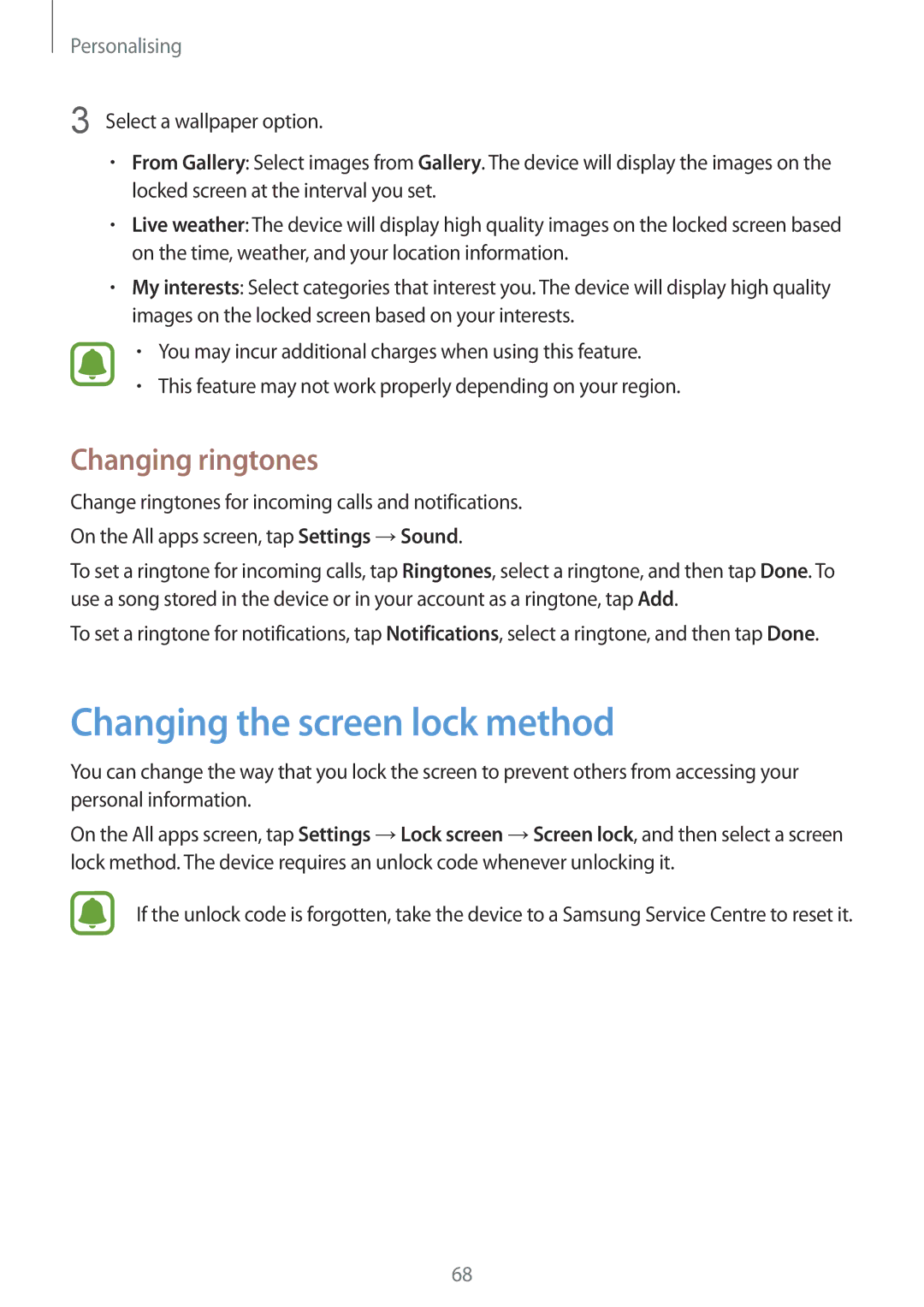 Samsung SM-N910CZKETWO, SM-N910CZDESEE, SM-N910CZKETEB, SM-N910CZWEMSR Changing the screen lock method, Changing ringtones 