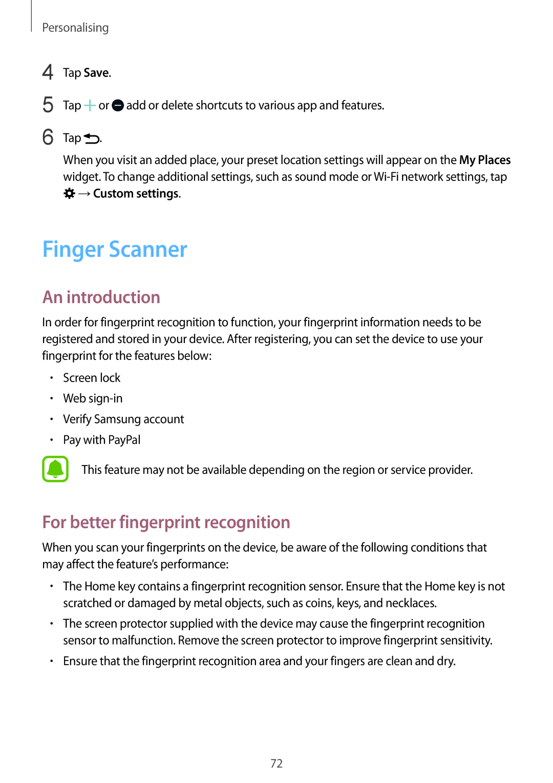 Samsung SM-N910CZKEXEO, SM-N910CZDESEE, SM-N910CZKETEB Finger Scanner, For better fingerprint recognition, →Custom settings 