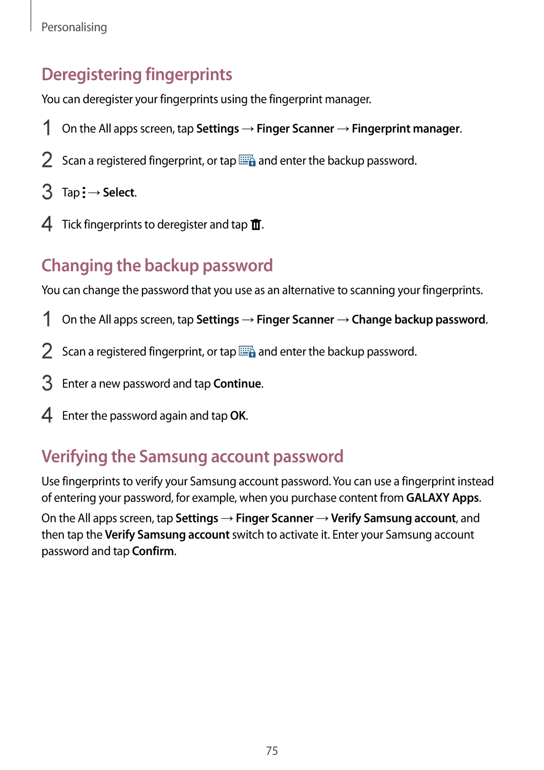 Samsung SM-N910CZWEATO Deregistering fingerprints, Changing the backup password, Verifying the Samsung account password 