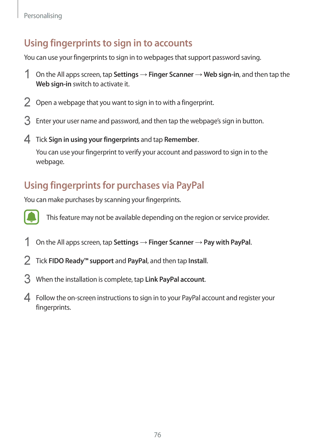 Samsung SM-N910CZKEPRT manual Using fingerprints to sign in to accounts, Using fingerprints for purchases via PayPal 