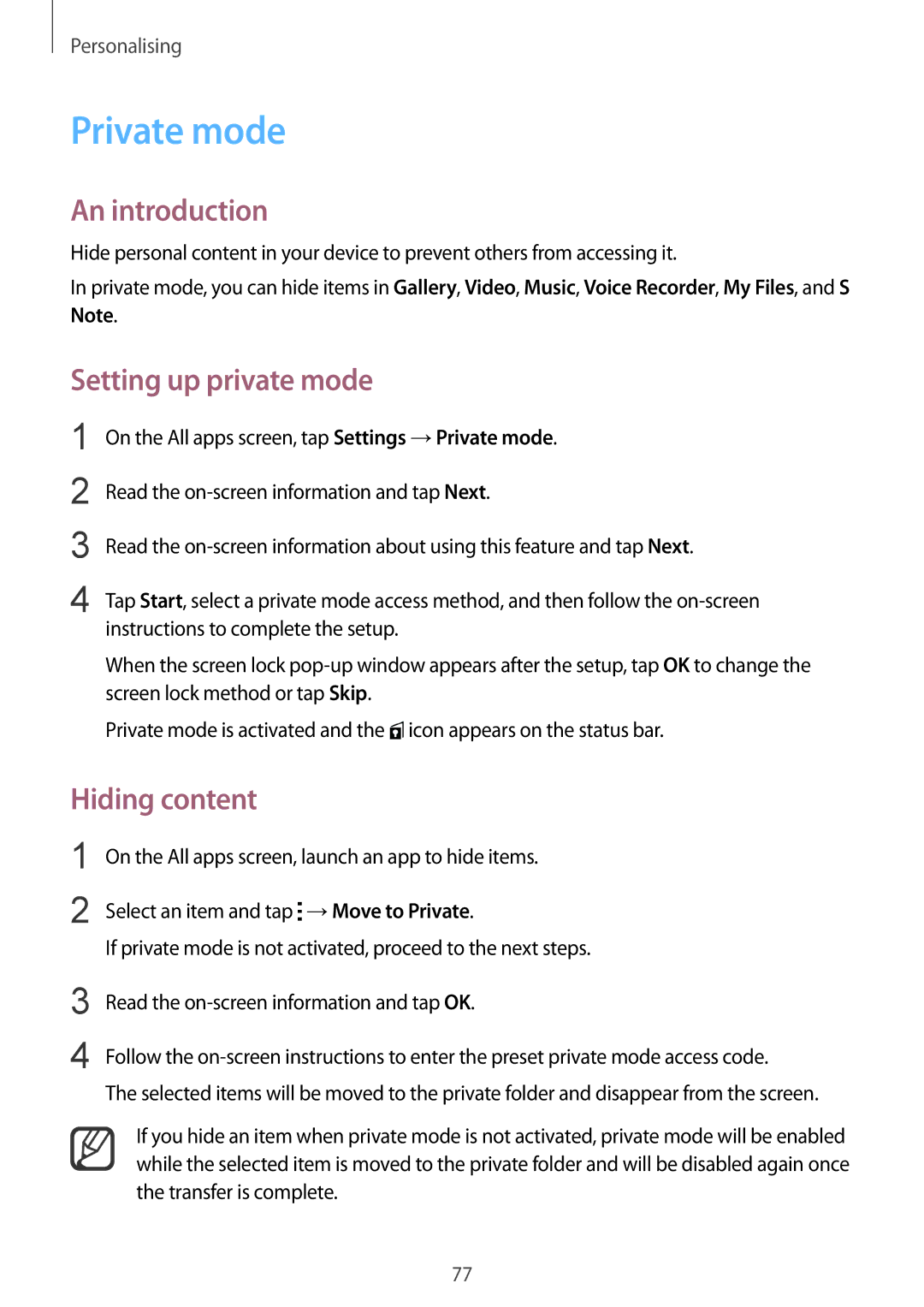 Samsung SM-N910CZDEXEO, SM-N910CZDESEE, SM-N910CZKETEB, SM-N910CZWEMSR Private mode, Setting up private mode, Hiding content 