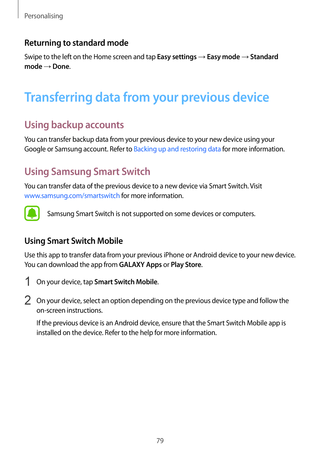 Samsung SM-N910CZWEXEH Transferring data from your previous device, Using backup accounts, Using Samsung Smart Switch 