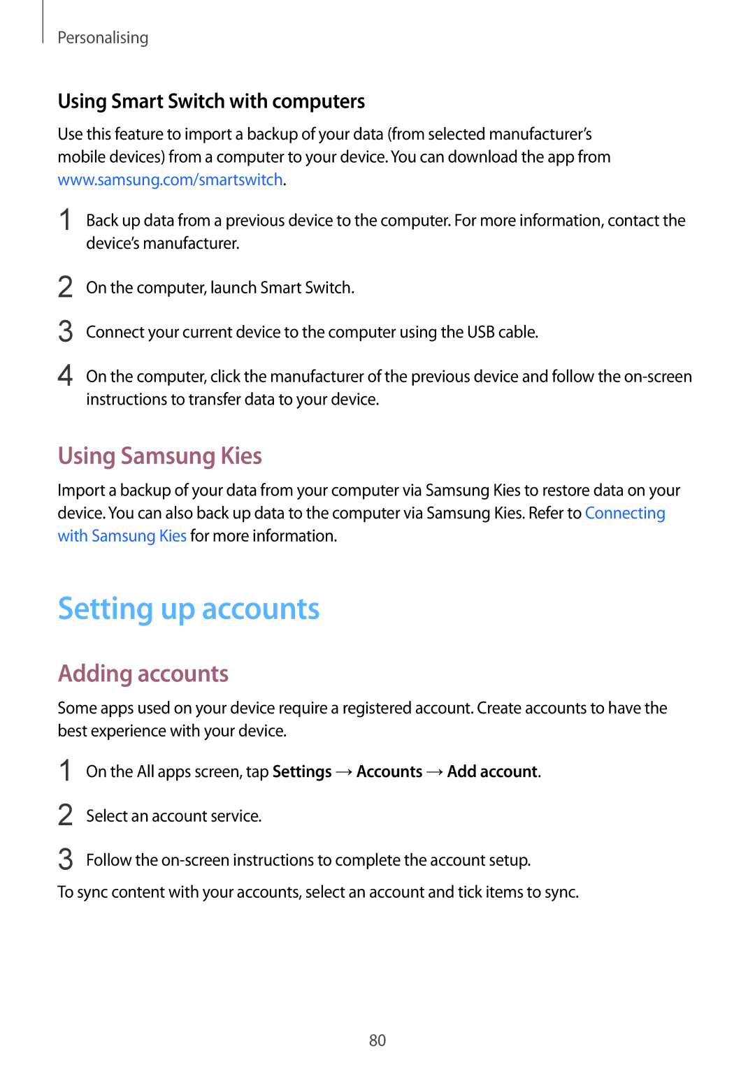 Samsung SM-N910CZWEPRT manual Setting up accounts, Using Samsung Kies, Adding accounts, Using Smart Switch with computers 