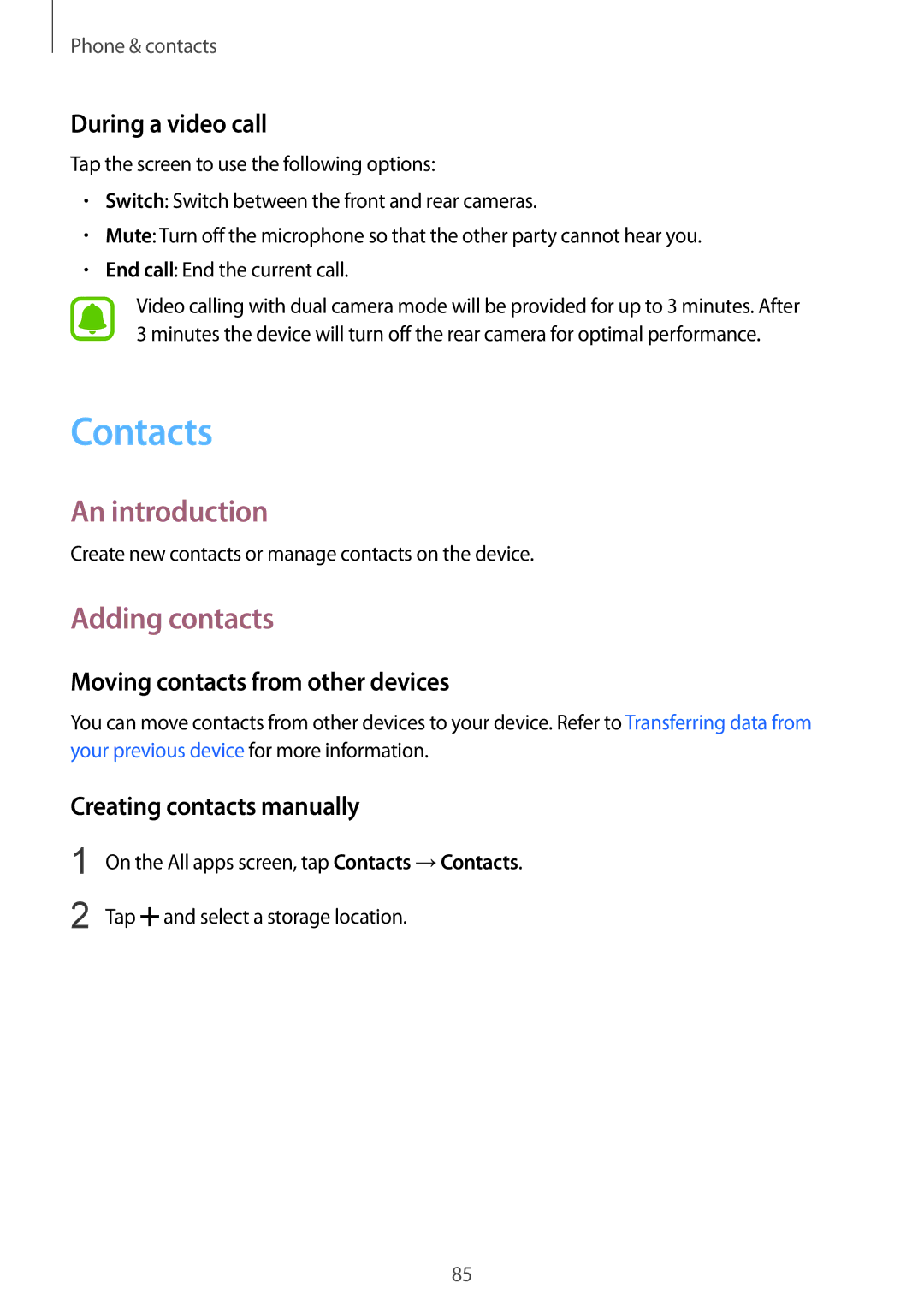 Samsung SM-N910CZWESEB, SM-N910CZDESEE Contacts, Adding contacts, During a video call, Moving contacts from other devices 