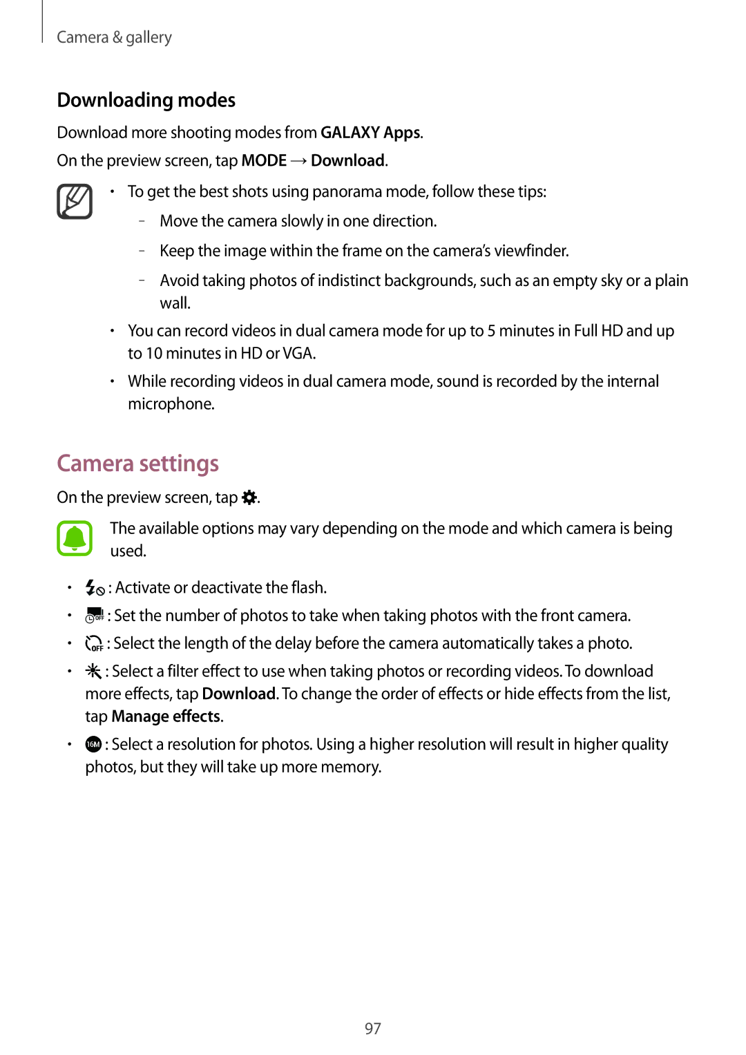 Samsung SM-N910CZWEVIP, SM-N910CZDESEE, SM-N910CZKETEB, SM-N910CZWEMSR, SM-N910CZWESEE Camera settings, Downloading modes 