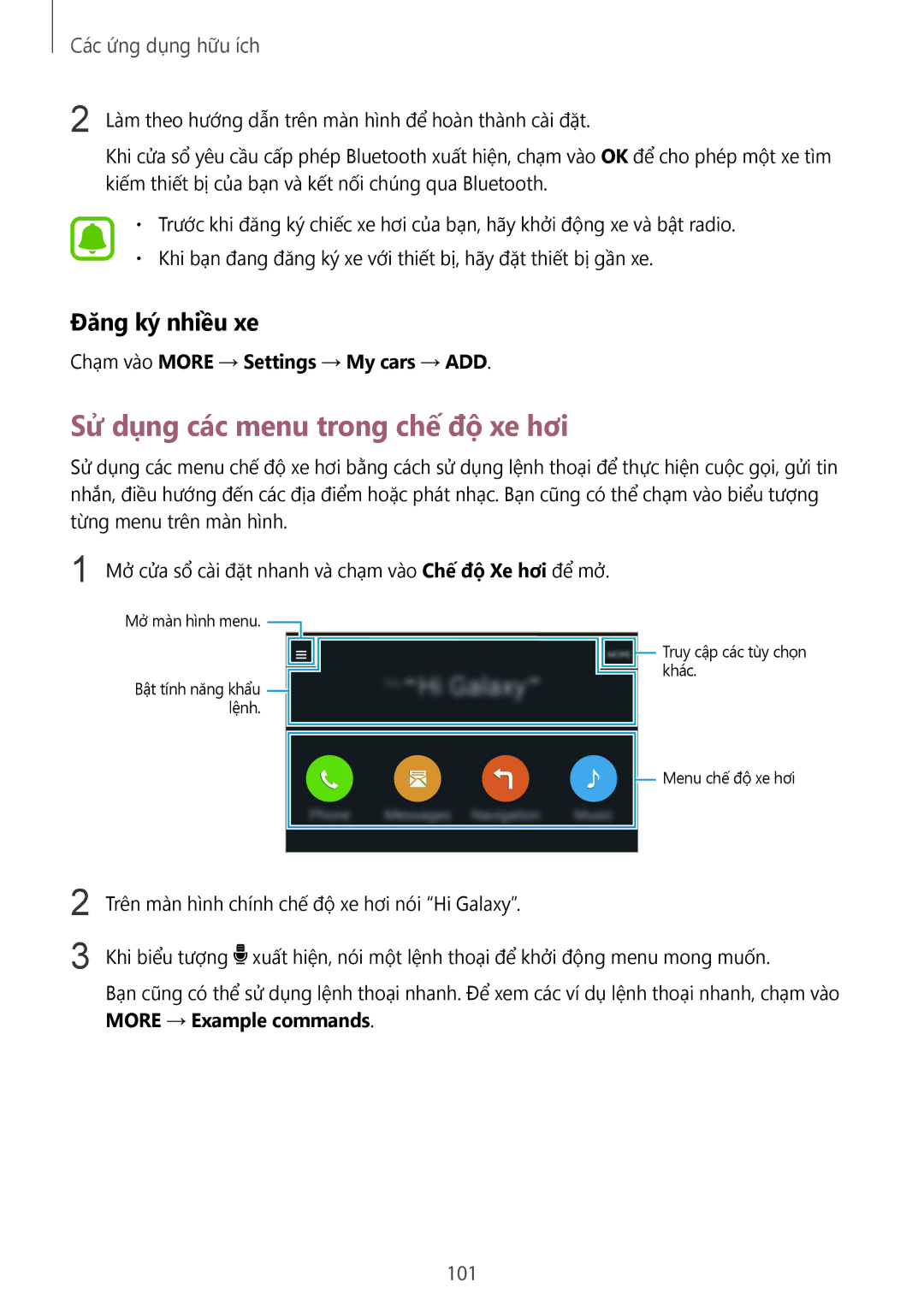 Samsung SM-N910CZWEXXV, SM-N910CZDEXXV, SM-N910CZKEXXV manual Sử dụng các menu trong chế độ xe hơi, Đăng ký nhiều xe, 101 