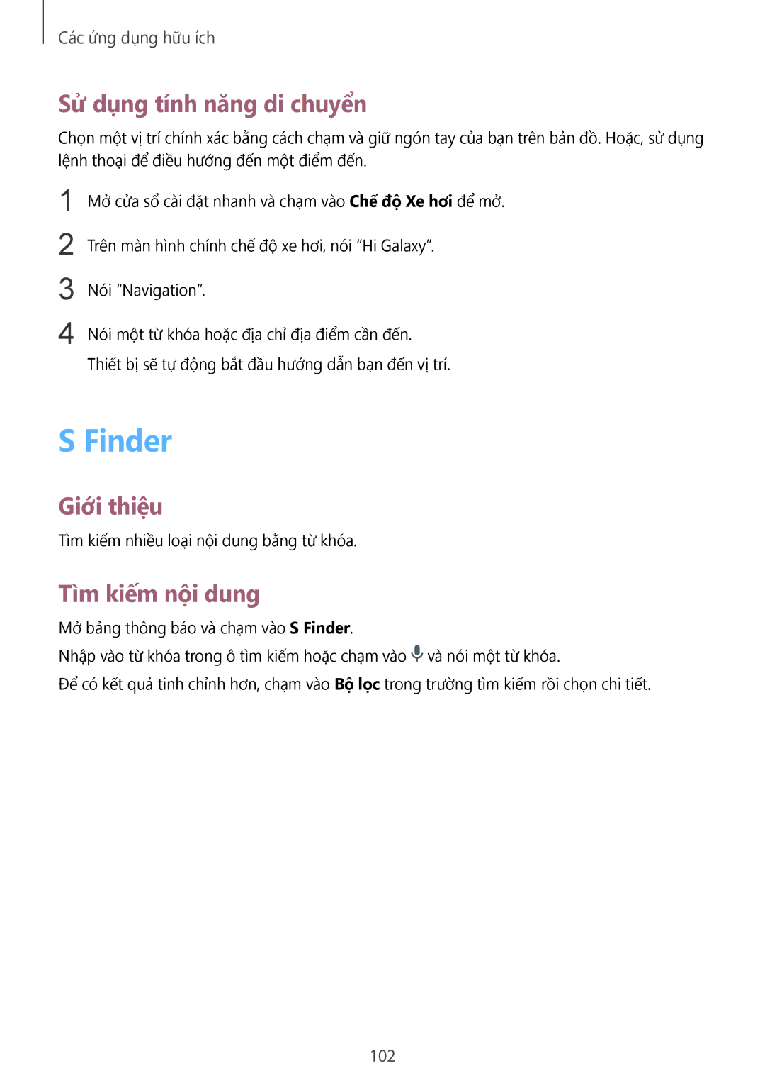 Samsung SM-N910CZKEXXV, SM-N910CZDEXXV, SM-N910CZWEXXV manual Finder, Sử dụng tính năng di chuyển, Tìm kiếm nội dung, 102 