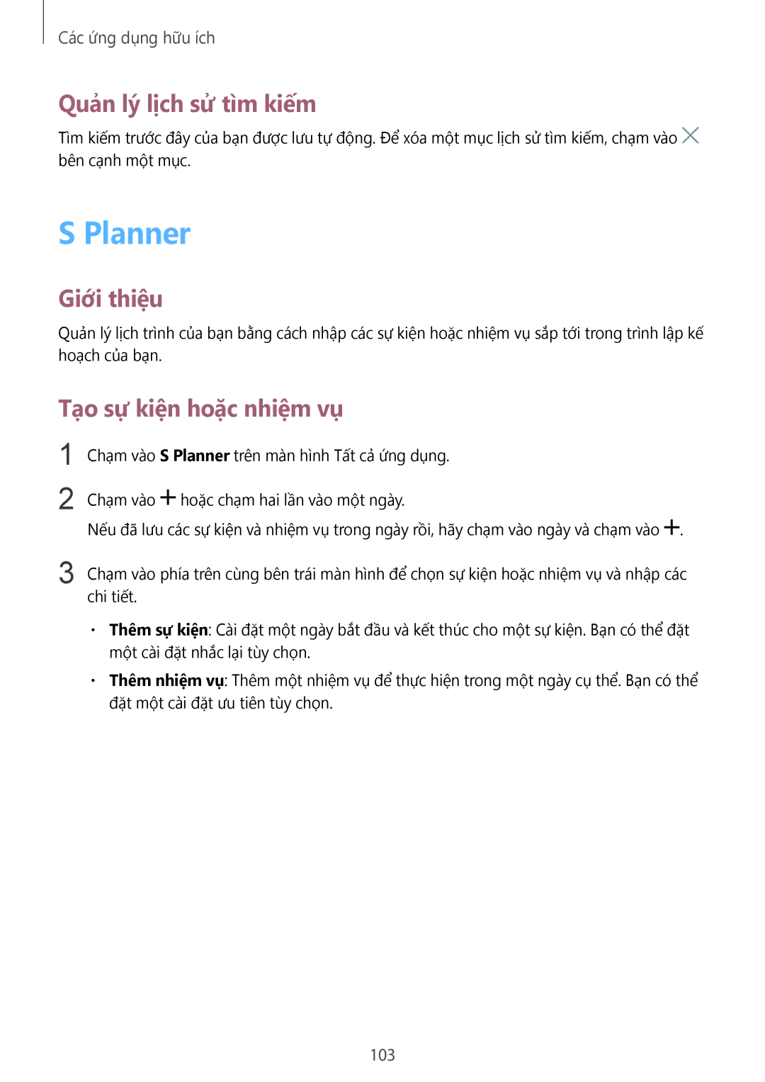 Samsung SM-N910CZIEXXV, SM-N910CZDEXXV, SM-N910CZWEXXV Planner, Quản lý lịch sử tìm kiếm, Tạo sự kiện hoặc nhiệm vụ, 103 
