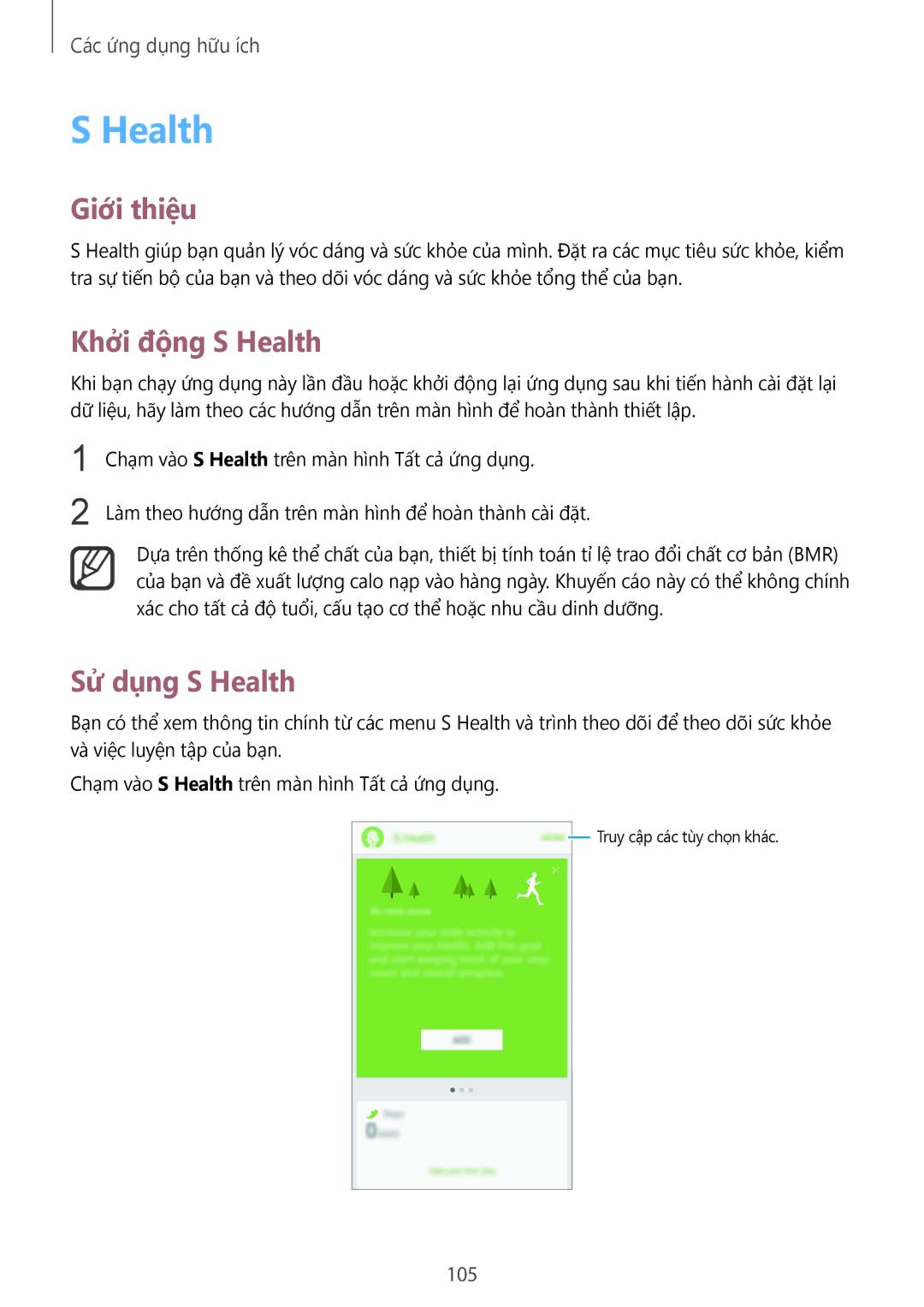 Samsung SM-N910CZWEXXV, SM-N910CZDEXXV, SM-N910CZKEXXV, SM-N910CZIEXXV manual Khởi động S Health, Sử dụng S Health, 105 