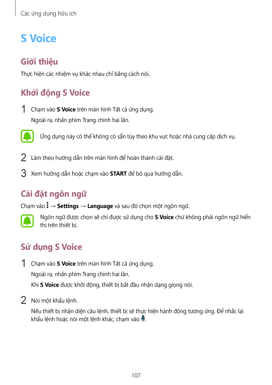 Samsung SM-N910CZIEXXV, SM-N910CZDEXXV, SM-N910CZWEXXV manual Khởi động S Voice, Cài đặt ngôn ngữ, Sử dụng S Voice, 107 