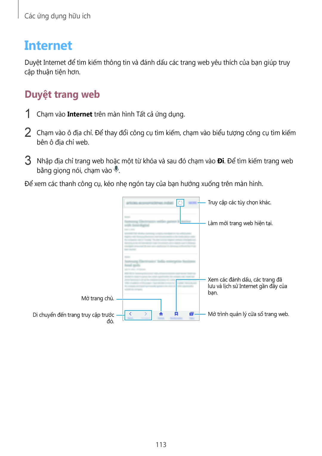 Samsung SM-N910CZWEXXV, SM-N910CZDEXXV, SM-N910CZKEXXV, SM-N910CZIEXXV manual Internet, Duyệt trang web, 113 