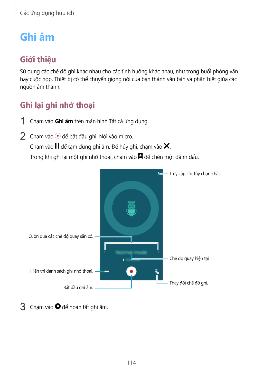 Samsung SM-N910CZKEXXV, SM-N910CZDEXXV, SM-N910CZWEXXV, SM-N910CZIEXXV manual Ghi âm, Ghi lại ghi nhớ thoại, 114 