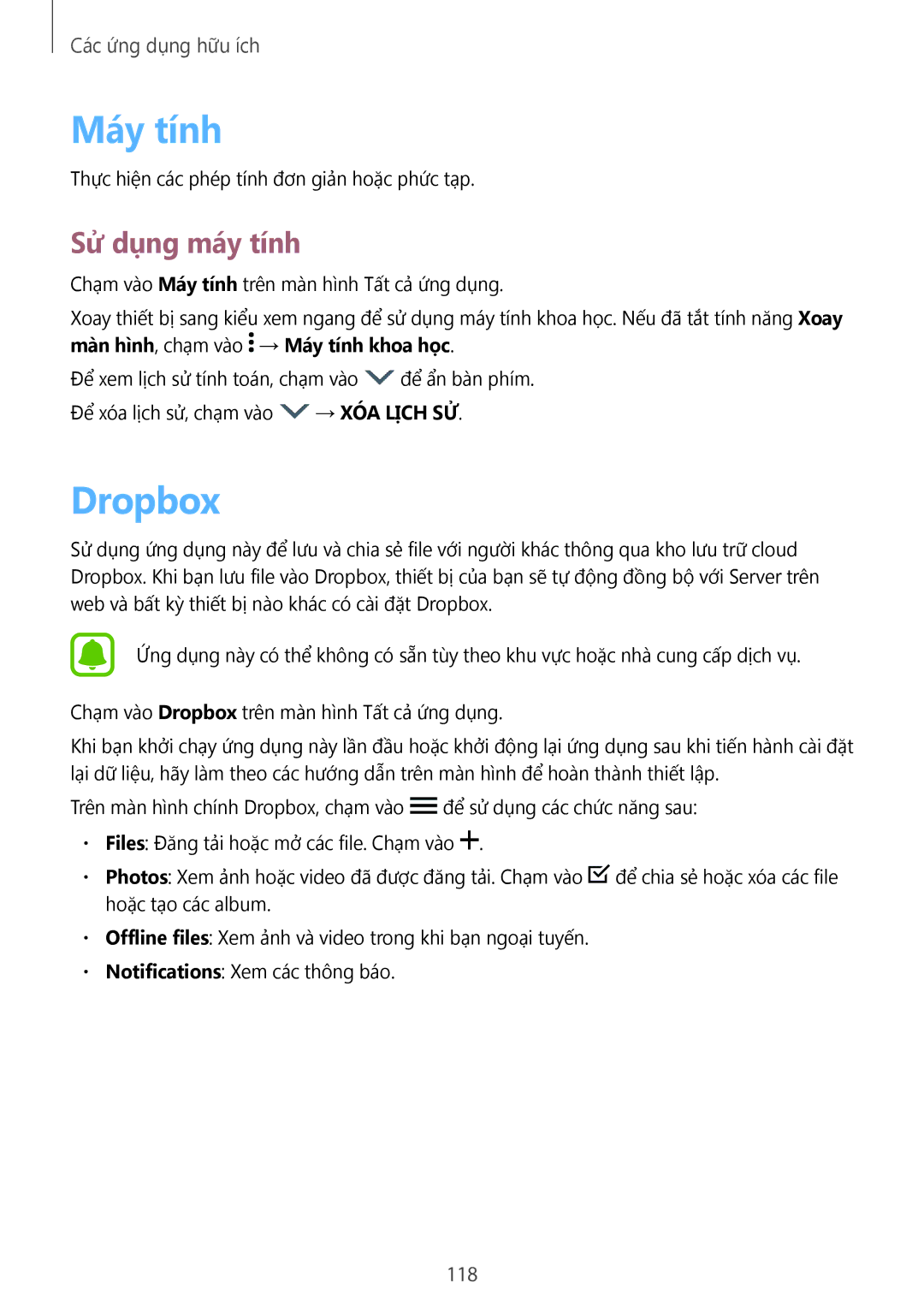 Samsung SM-N910CZKEXXV, SM-N910CZDEXXV, SM-N910CZWEXXV, SM-N910CZIEXXV manual Máy tính, Dropbox, Sử dụng máy tính, 118 