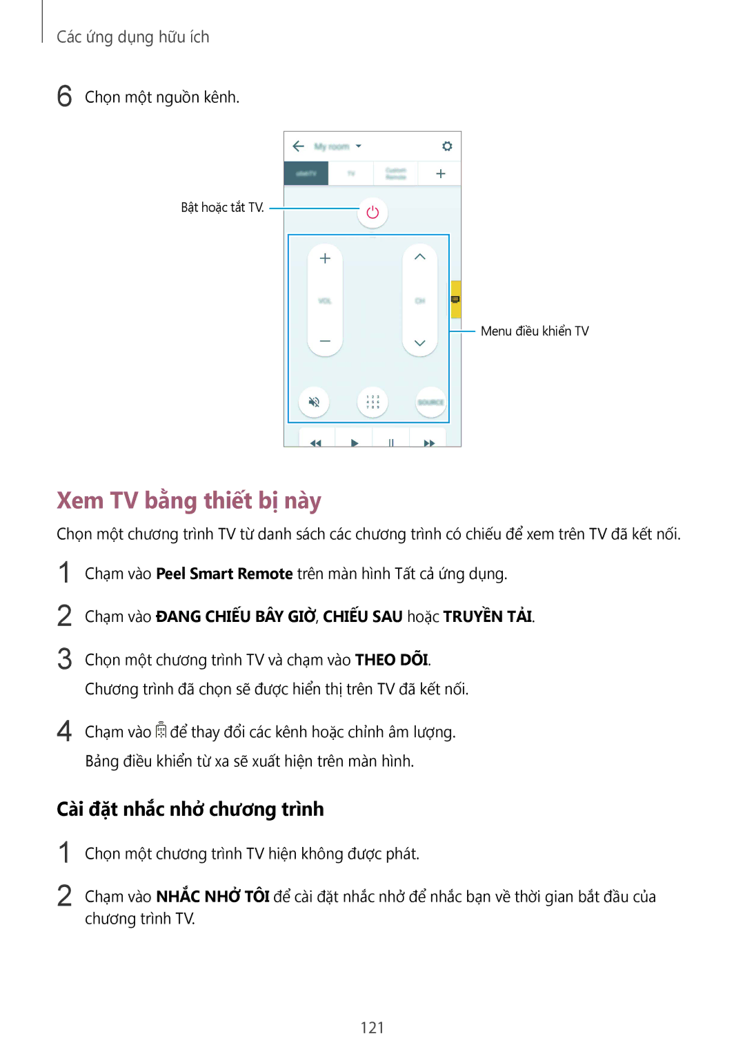 Samsung SM-N910CZWEXXV, SM-N910CZDEXXV, SM-N910CZKEXXV manual Xem TV bằng thiết bị này, Cài đặt nhắc nhở chương trình, 121 