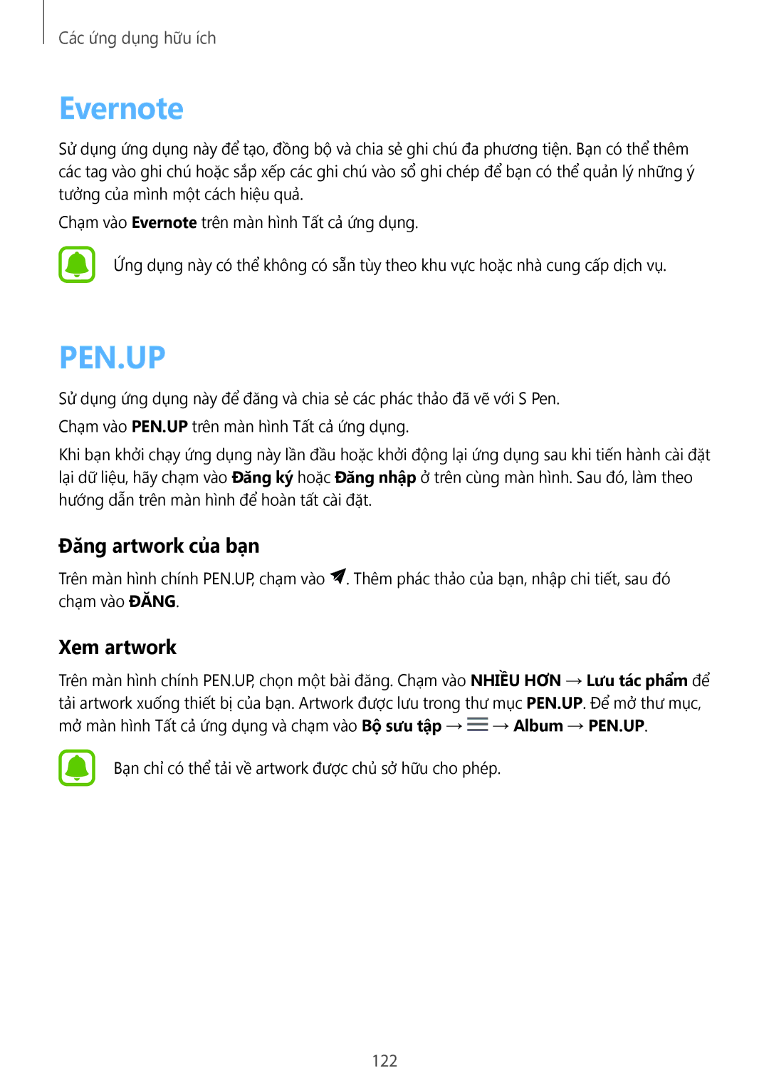 Samsung SM-N910CZKEXXV, SM-N910CZDEXXV, SM-N910CZWEXXV, SM-N910CZIEXXV manual Evernote, Đăng artwork của bạn, Xem artwork, 122 