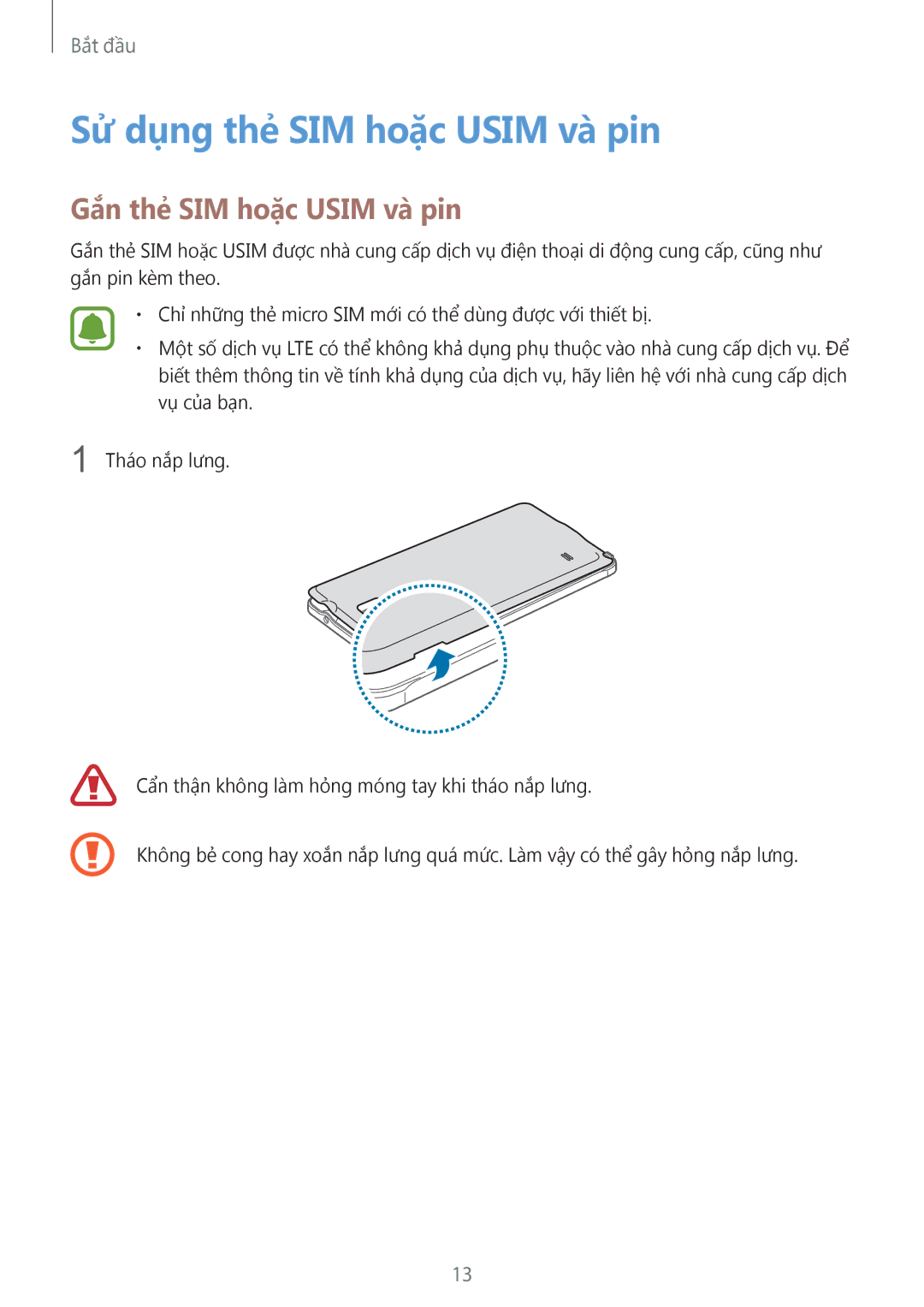 Samsung SM-N910CZWEXXV, SM-N910CZDEXXV, SM-N910CZKEXXV manual Sử dụng thẻ SIM hoặc Usim và pin, Gắn thẻ SIM hoặc Usim và pin 