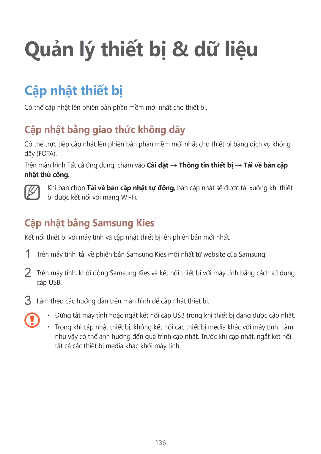 Samsung SM-N910CZDEXXV manual Quản lý thiết bị & dữ liệu, Cập nhật thiết bị, Cập nhật bằng giao thức không dây, 136 