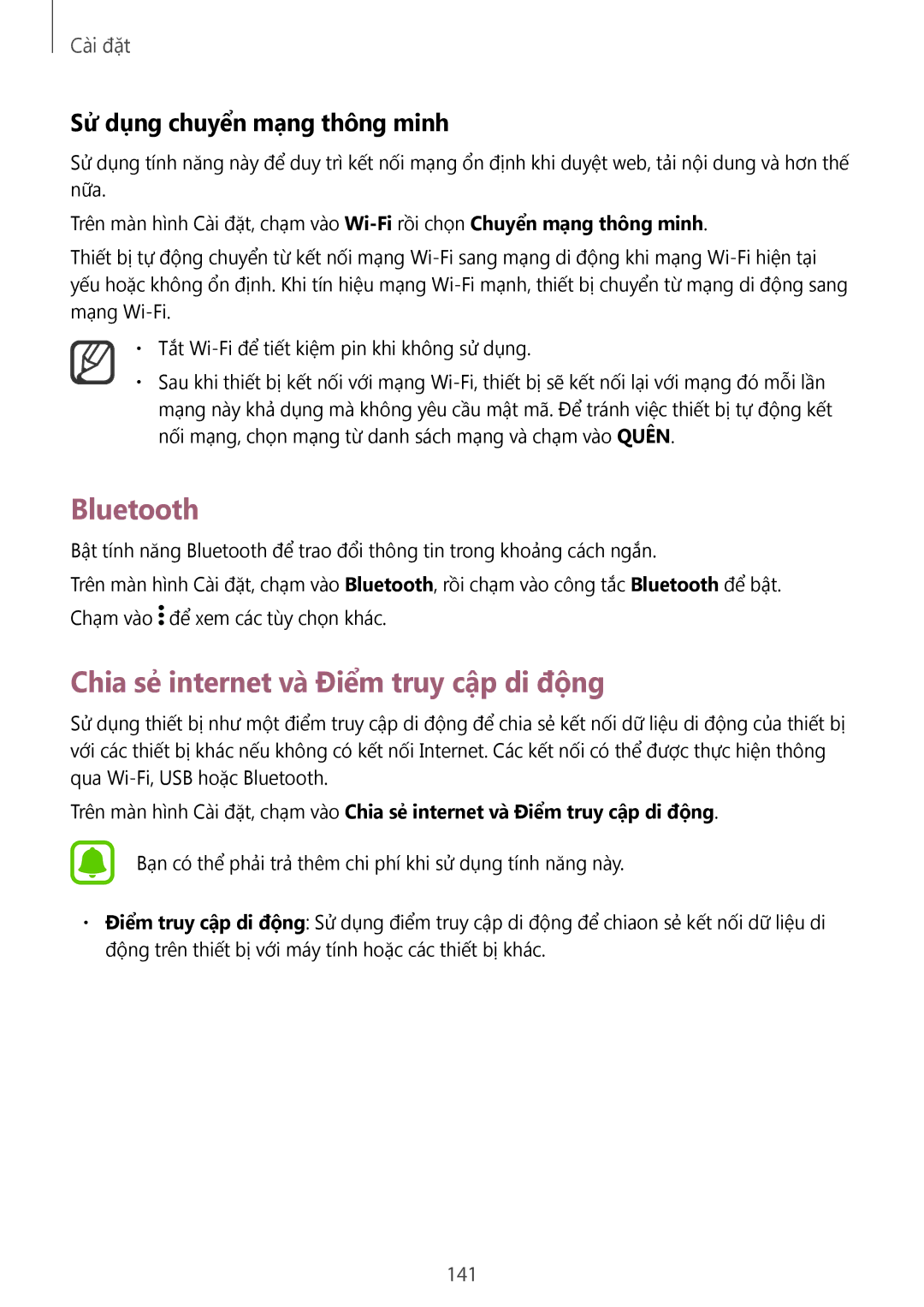 Samsung SM-N910CZWEXXV manual Bluetooth, Chia sẻ internet và Điểm truy cập di động, Sử dụng chuyển mạng thông minh, 141 