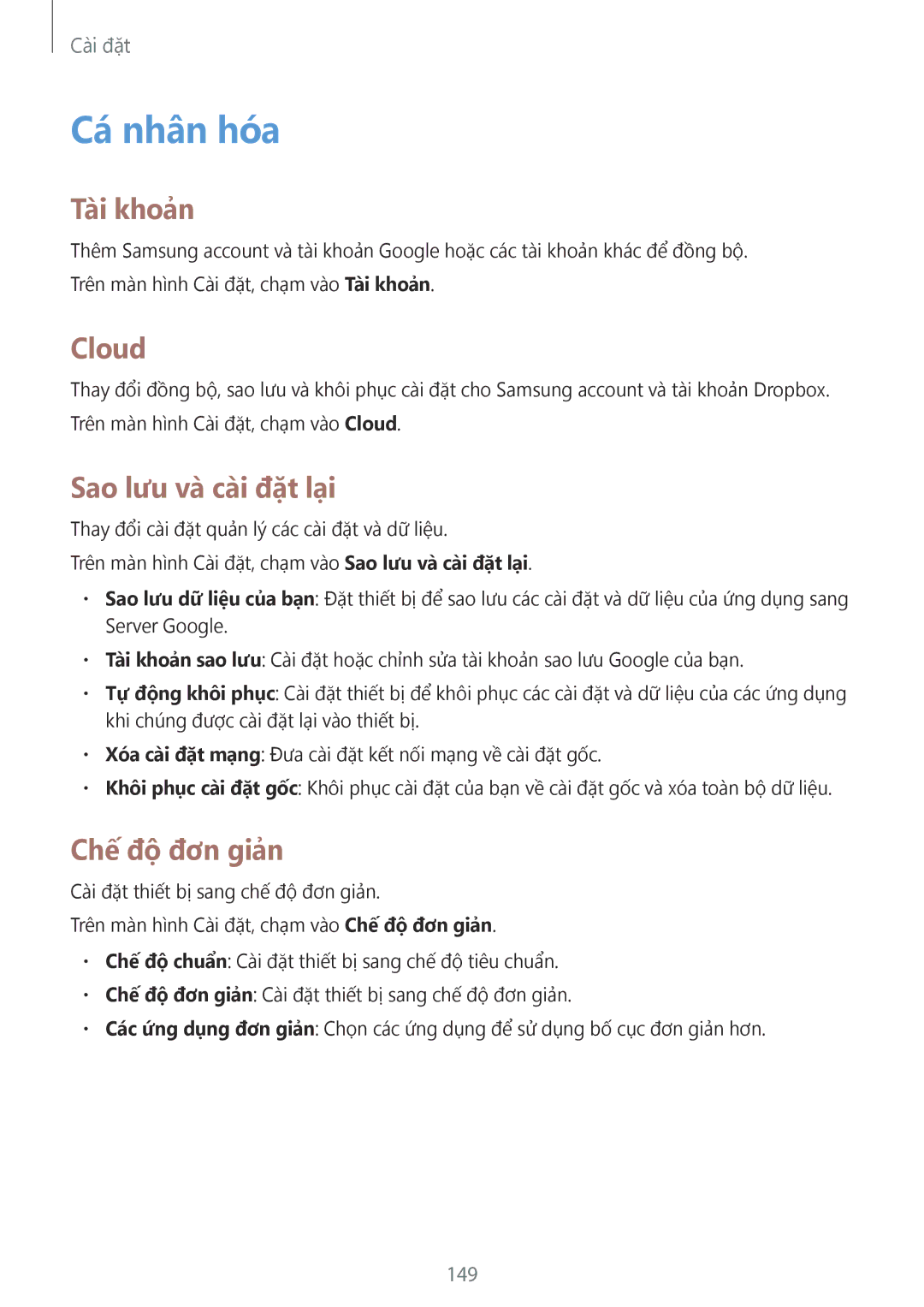 Samsung SM-N910CZWEXXV, SM-N910CZDEXXV manual Cá nhân hóa, Tài khoản, Cloud, Sao lưu và cài đặt lại, Chế độ đơn giản 