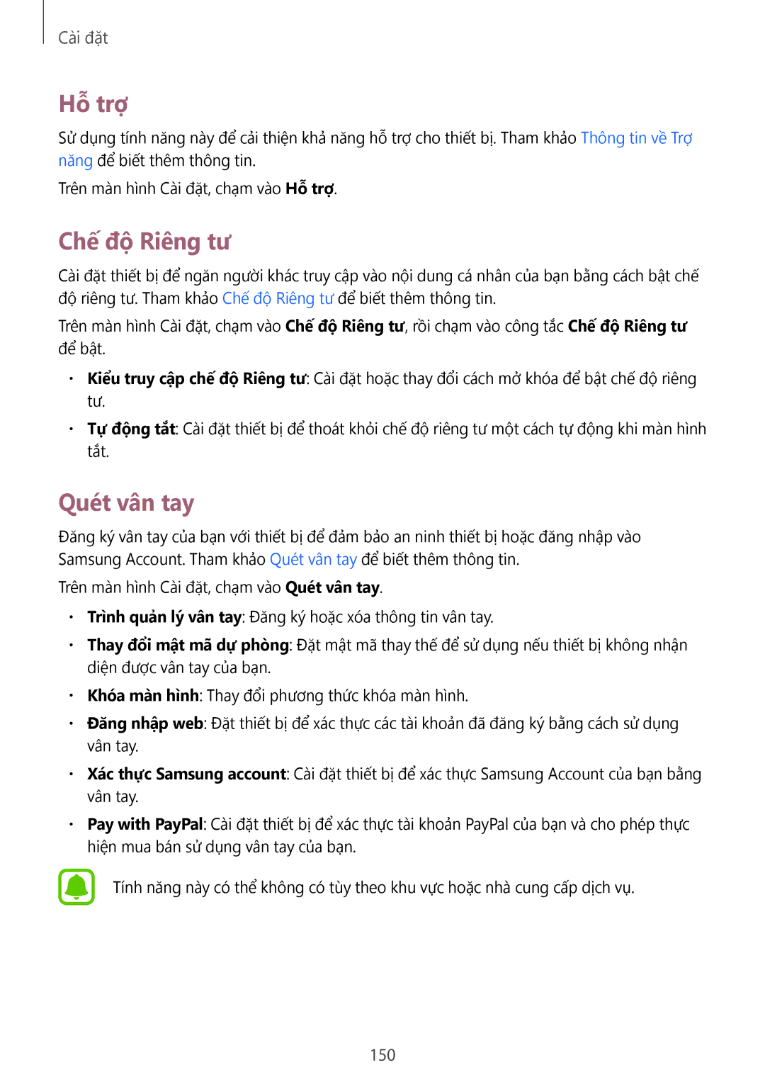 Samsung SM-N910CZKEXXV, SM-N910CZDEXXV, SM-N910CZWEXXV, SM-N910CZIEXXV manual Hỗ trợ, Chế độ Riêng tư, Quét vân tay, 150 