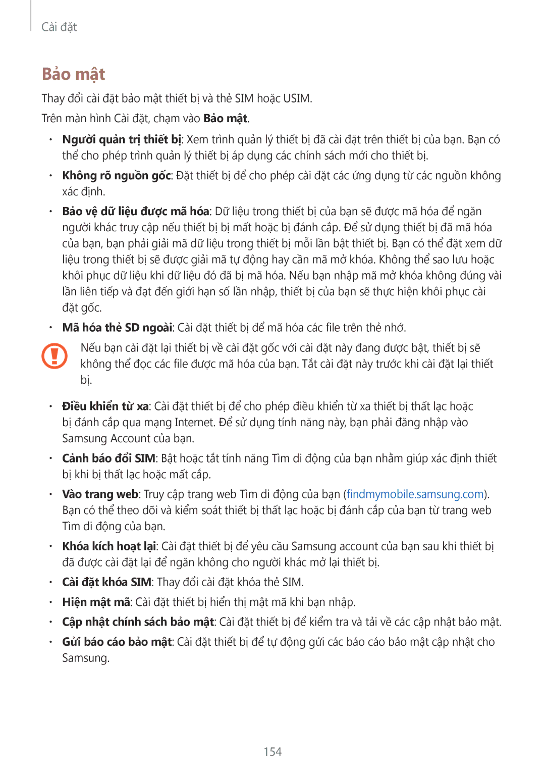 Samsung SM-N910CZKEXXV, SM-N910CZDEXXV, SM-N910CZWEXXV, SM-N910CZIEXXV manual Bảo mật, 154 