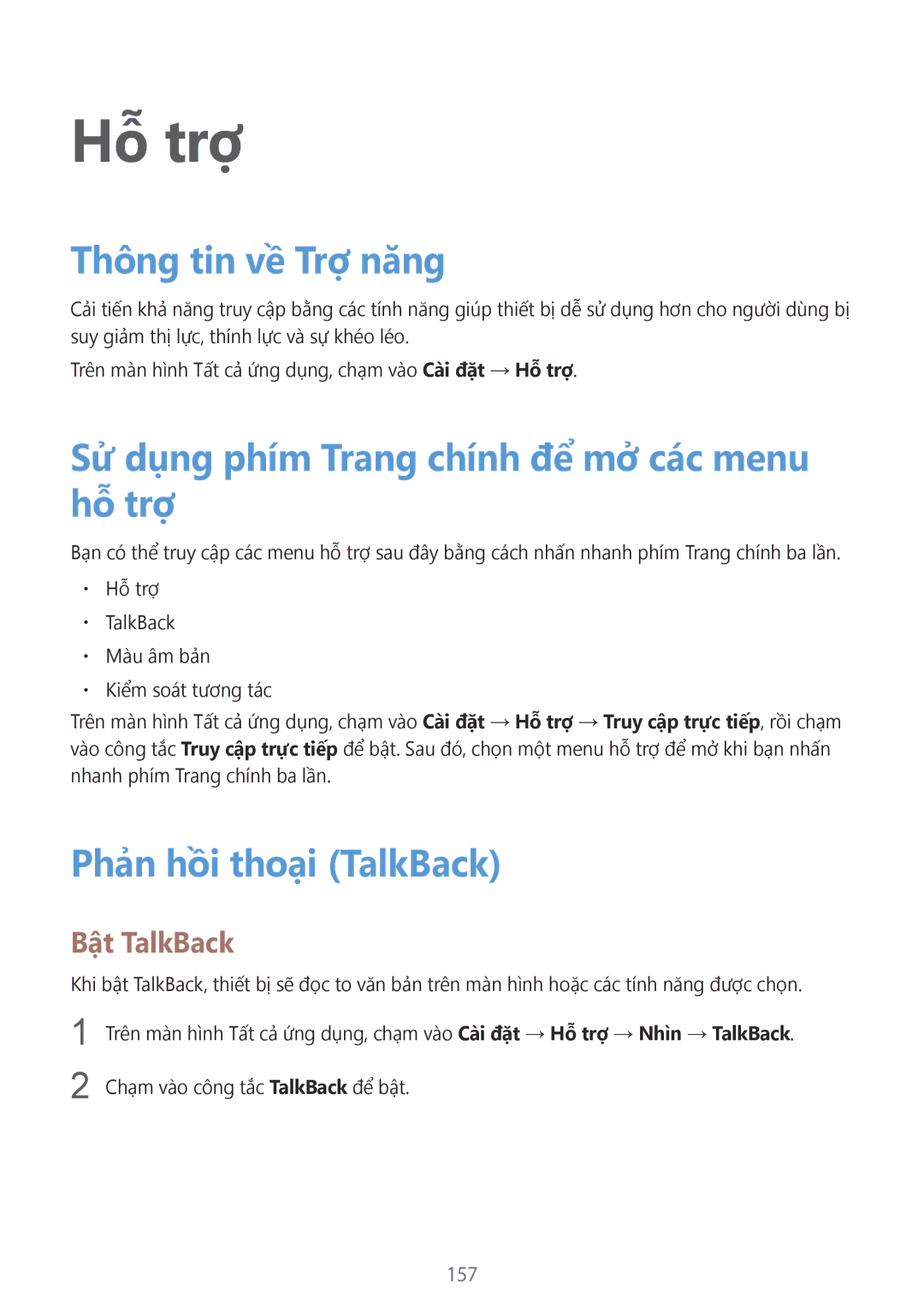Samsung SM-N910CZWEXXV manual Hỗ trợ, Thông tin về Trợ năng, Sử dụng phím Trang chính để mở các menu hỗ trợ, Bật TalkBack 