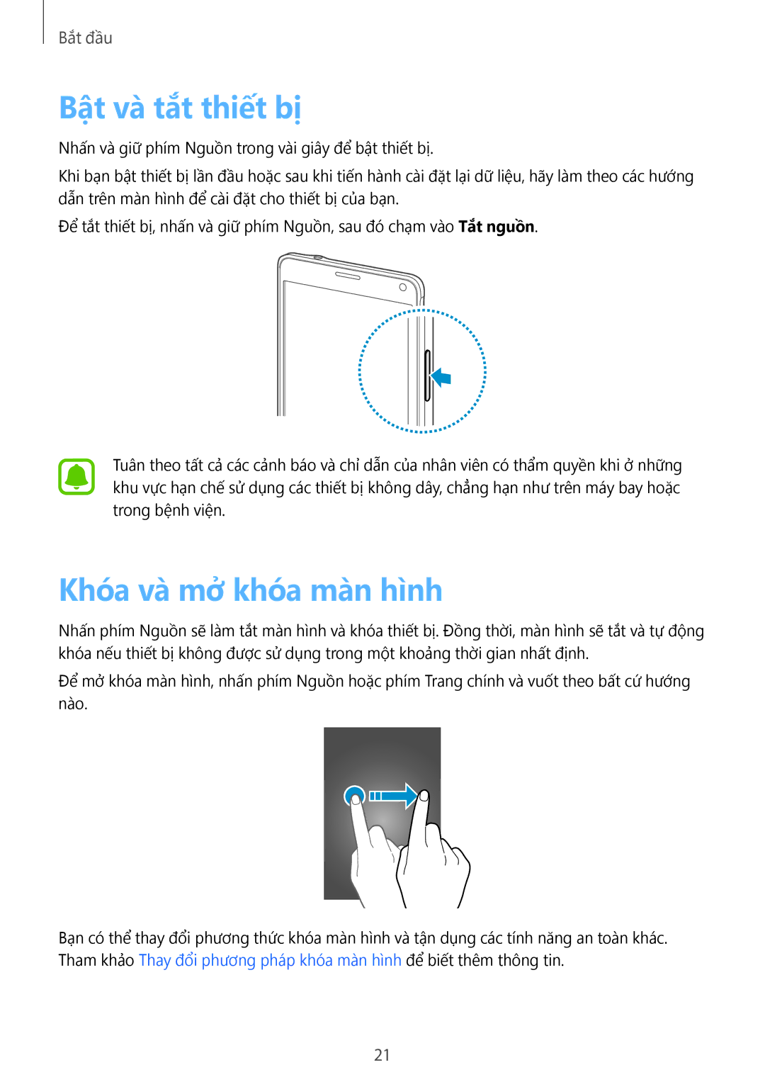 Samsung SM-N910CZWEXXV, SM-N910CZDEXXV, SM-N910CZKEXXV, SM-N910CZIEXXV manual Bật và tắt thiết bị, Khóa và mở khóa màn hình 