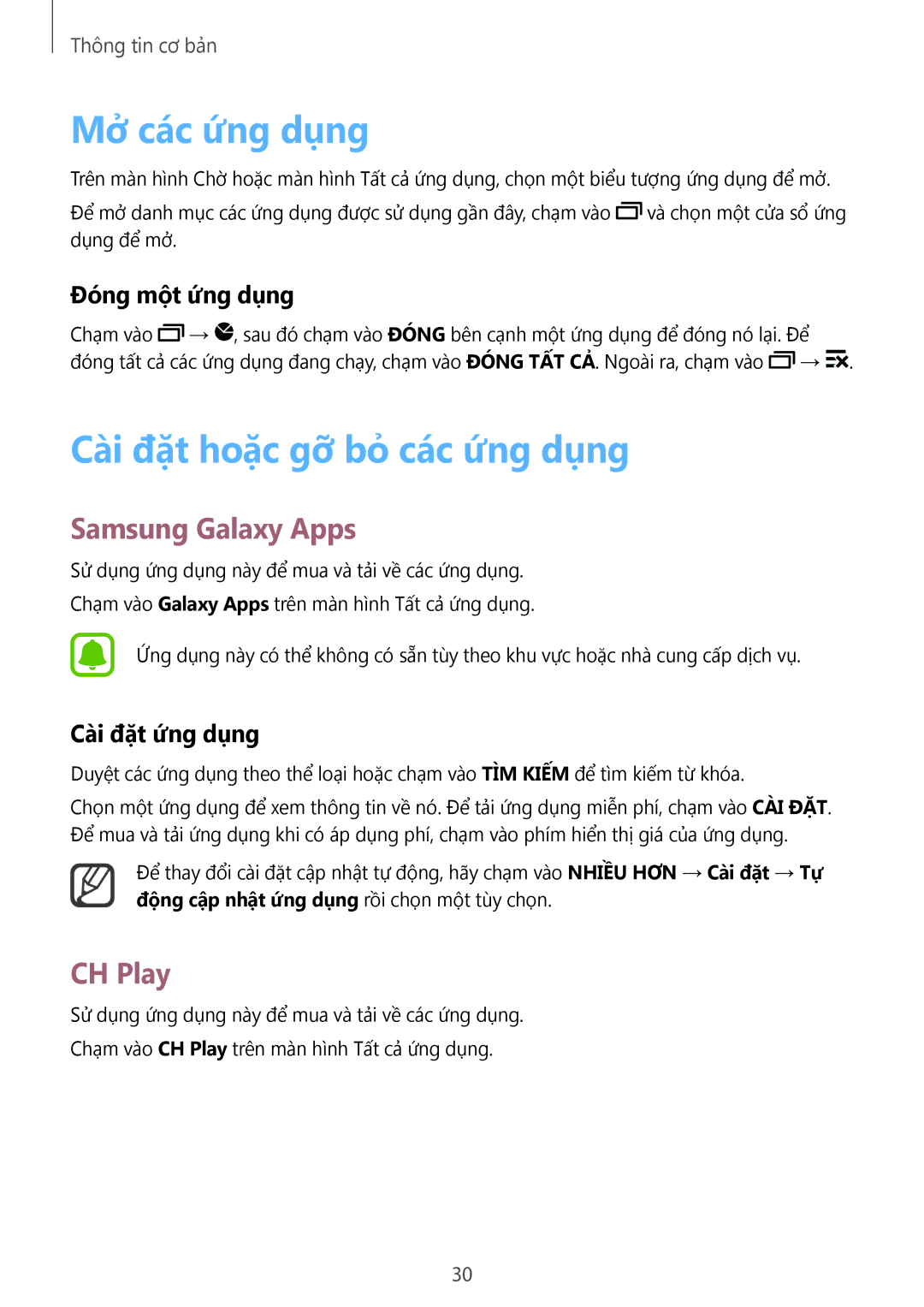 Samsung SM-N910CZKEXXV, SM-N910CZDEXXV manual Mở các ứng dụng, Cài đặt hoặc gỡ bỏ các ứng dụng, Samsung Galaxy Apps, CH Play 