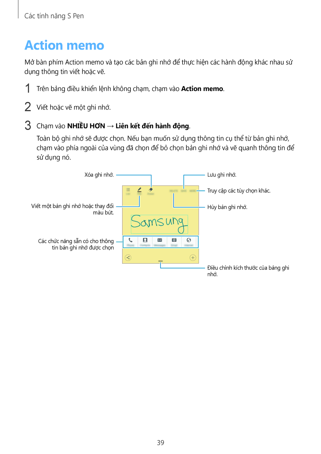 Samsung SM-N910CZIEXXV, SM-N910CZDEXXV, SM-N910CZWEXXV manual Action memo, Chạm vào Nhiêu HƠN → Liên kết đên hanh đông 