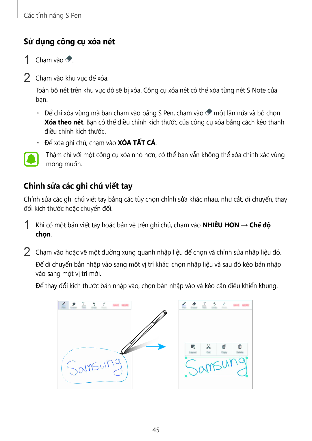 Samsung SM-N910CZWEXXV, SM-N910CZDEXXV, SM-N910CZKEXXV manual Sử dụng công cụ xóa nét, Chỉnh sửa các ghi chú viết tay, Chọn 