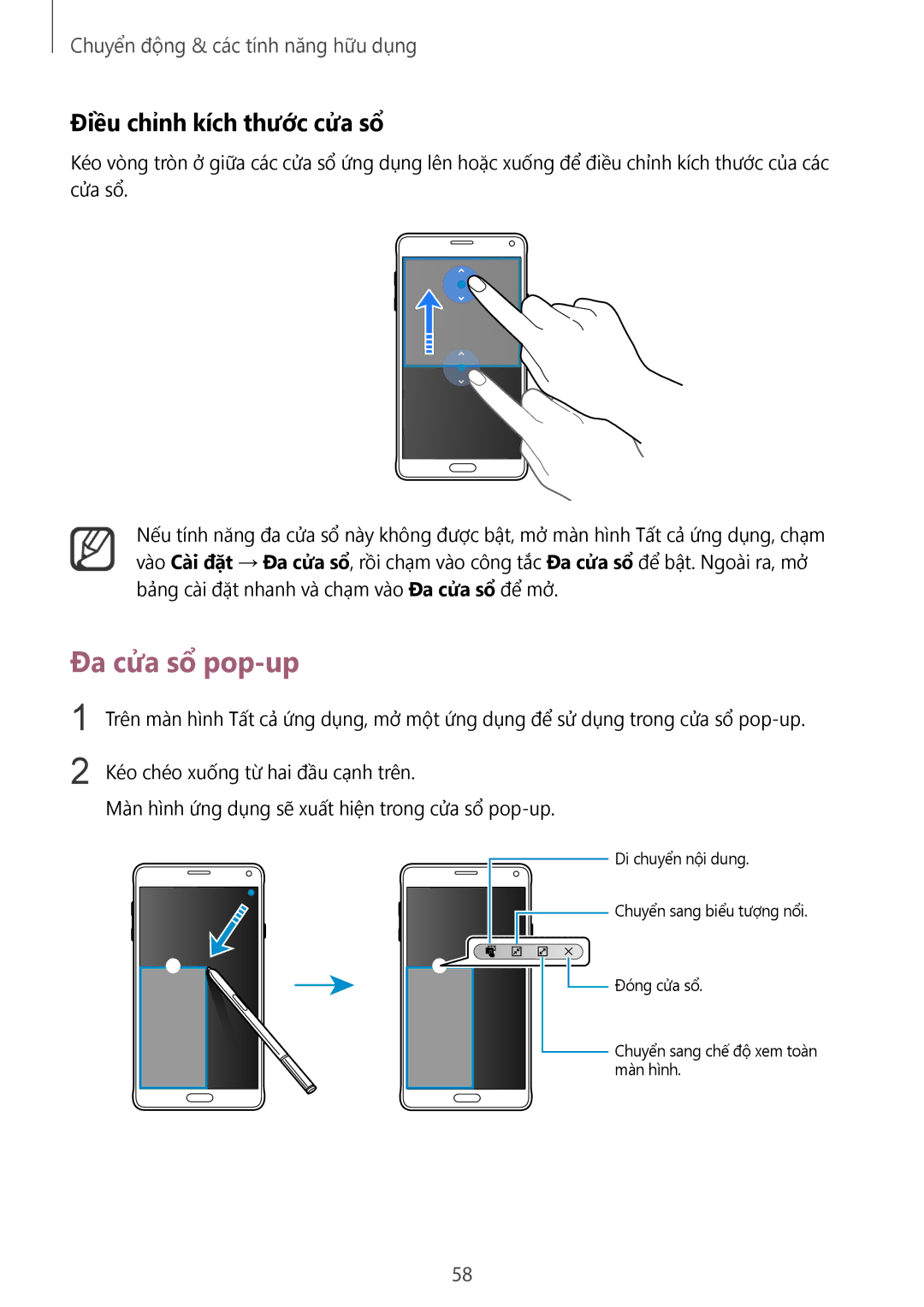 Samsung SM-N910CZKEXXV, SM-N910CZDEXXV, SM-N910CZWEXXV, SM-N910CZIEXXV manual Đa cửa sổ pop-up, Điều chỉnh kích thước cửa sổ 