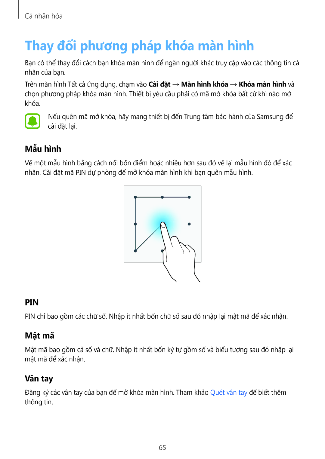 Samsung SM-N910CZWEXXV, SM-N910CZDEXXV, SM-N910CZKEXXV manual Thay đổi phương pháp khóa màn hình, Mẫu hình, Mật mã, Vân tay 