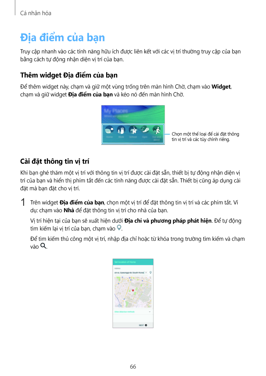 Samsung SM-N910CZKEXXV, SM-N910CZDEXXV manual Đia điêm của ban, Thêm widget Địa điểm của bạn, Cài đặt thông tin vị trí 