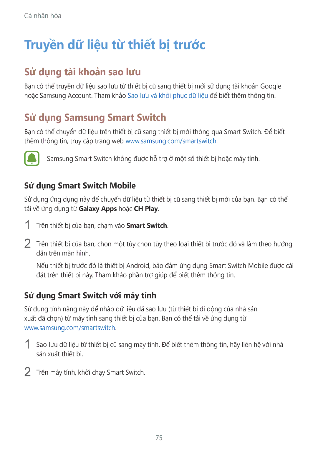 Samsung SM-N910CZIEXXV manual Truyền dữ liệu từ thiết bị trước, Sử dụng tài khoản sao lưu, Sử dụng Samsung Smart Switch 