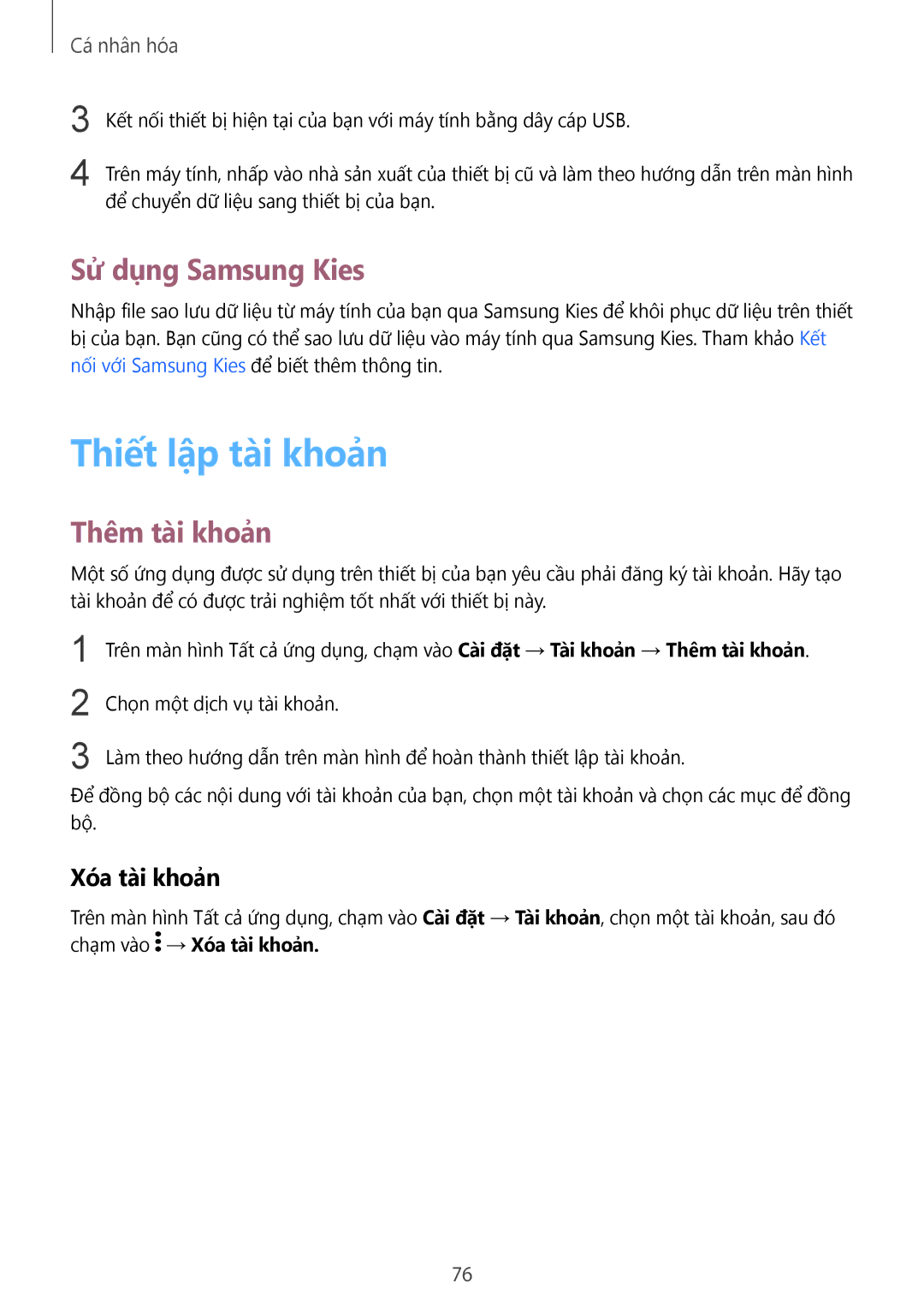 Samsung SM-N910CZDEXXV, SM-N910CZWEXXV manual Thiết lập tài khoản, Sử dụng Samsung Kies, Thêm tài khoản, Xóa tài khoản 