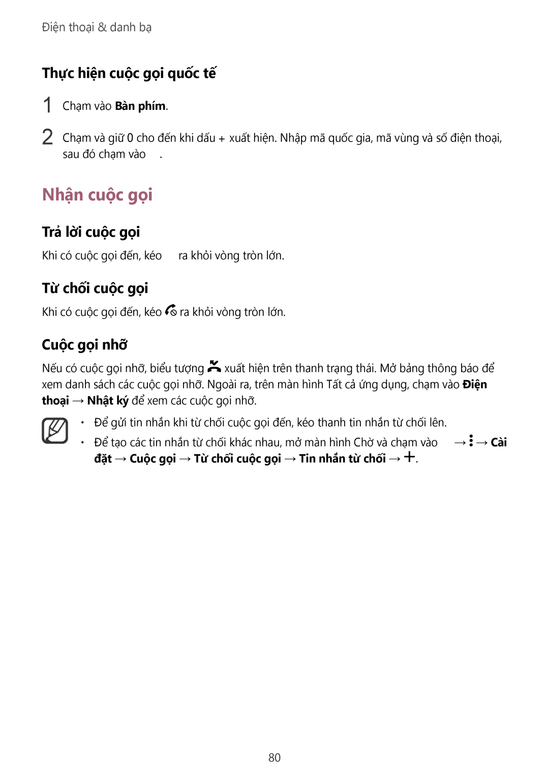 Samsung SM-N910CZDEXXV manual Nhận cuộc gọi, Thực hiện cuộc gọi quốc tế, Trả lờ̀i cuộc gọi, Tư chối cuôc goi, Cuộc gọi nhỡ 
