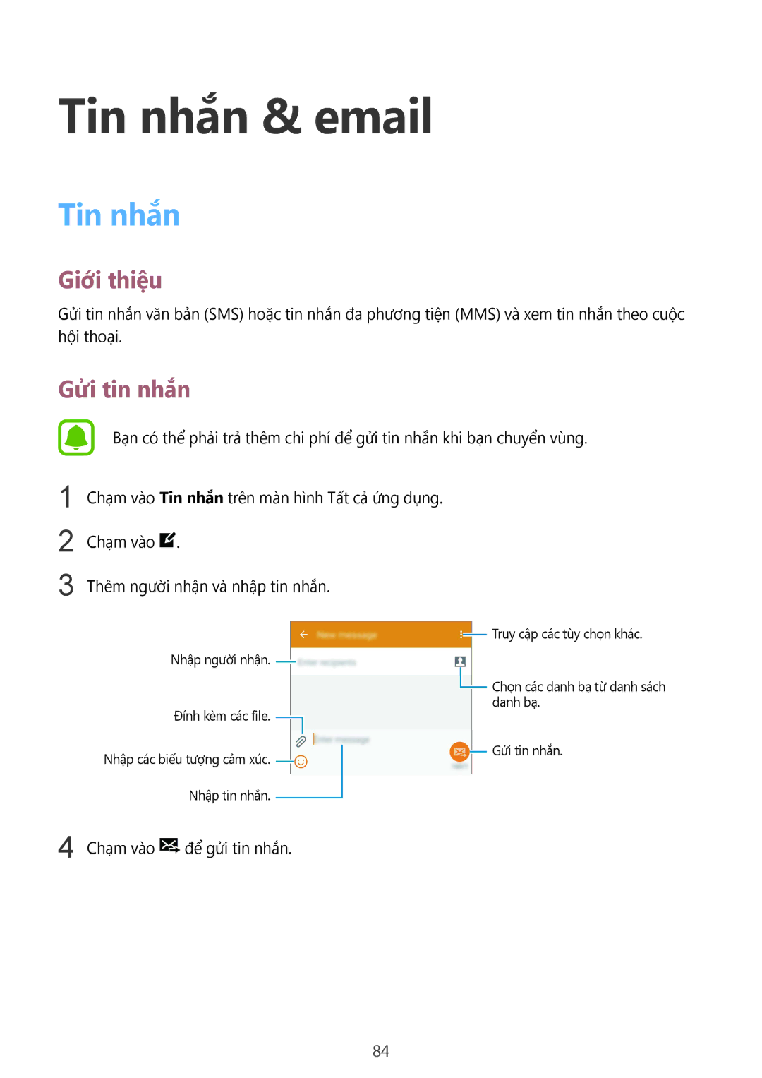 Samsung SM-N910CZDEXXV, SM-N910CZWEXXV, SM-N910CZKEXXV, SM-N910CZIEXXV manual Tin nhắn & email, Gửi tin nhắn 