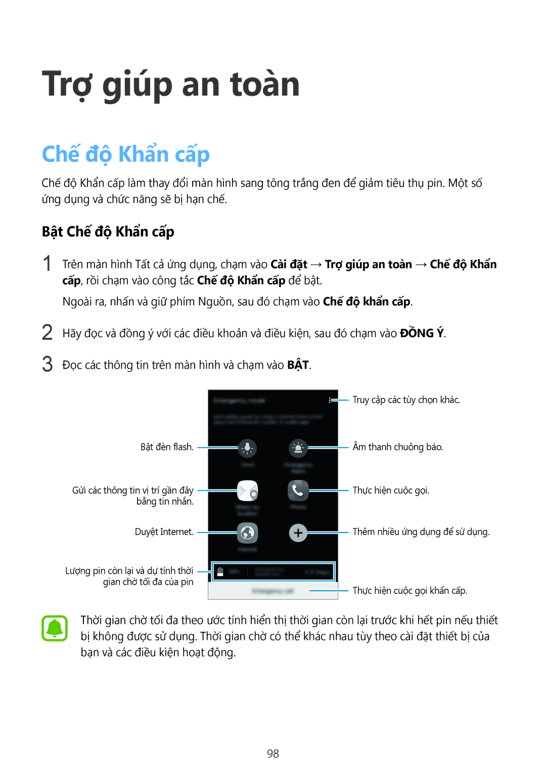 Samsung SM-N910CZKEXXV, SM-N910CZDEXXV, SM-N910CZWEXXV, SM-N910CZIEXXV manual Trợ giúp an toàn, Bật Chế độ Khẩn cấp 