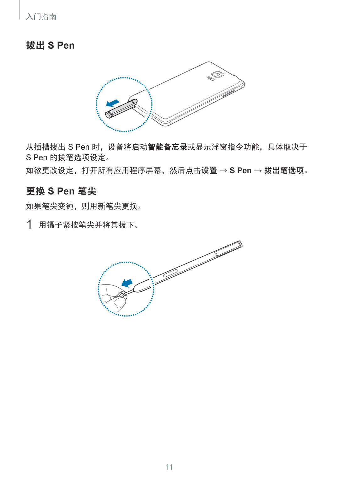 Samsung SM-N910CZIEXXV, SM-N910CZDEXXV manual 如欲更改设定，打开所有应用程序屏幕，然后点击设置 → S Pen → 拔出笔选项。, 如果笔尖变钝，则用新笔尖更换。 1 用镊子紧按笔尖并将其拔下。 