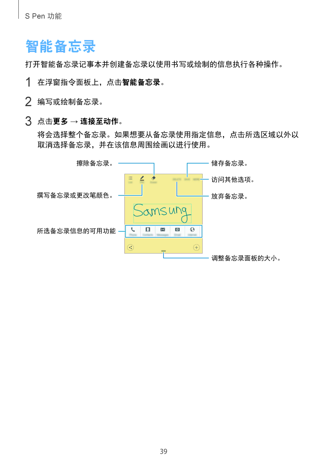 Samsung SM-N910CZIEXXV, SM-N910CZDEXXV, SM-N910CZWEXXV, SM-N910CZKEXXV manual 智能备忘录, 取消选择备忘录，并在该信息周围绘画以进行使用。 