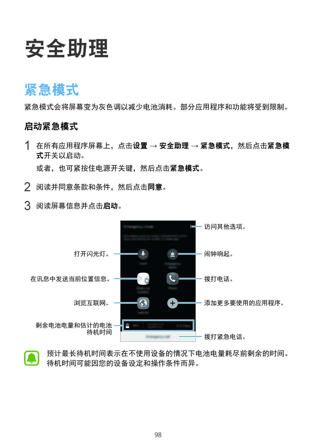 Samsung SM-N910CZKEXXV, SM-N910CZDEXXV, SM-N910CZWEXXV manual 安全助理, 启动紧急模式, 紧急模式会将屏幕变为灰色调以减少电池消耗。部分应用程序和功能将受到限制。 